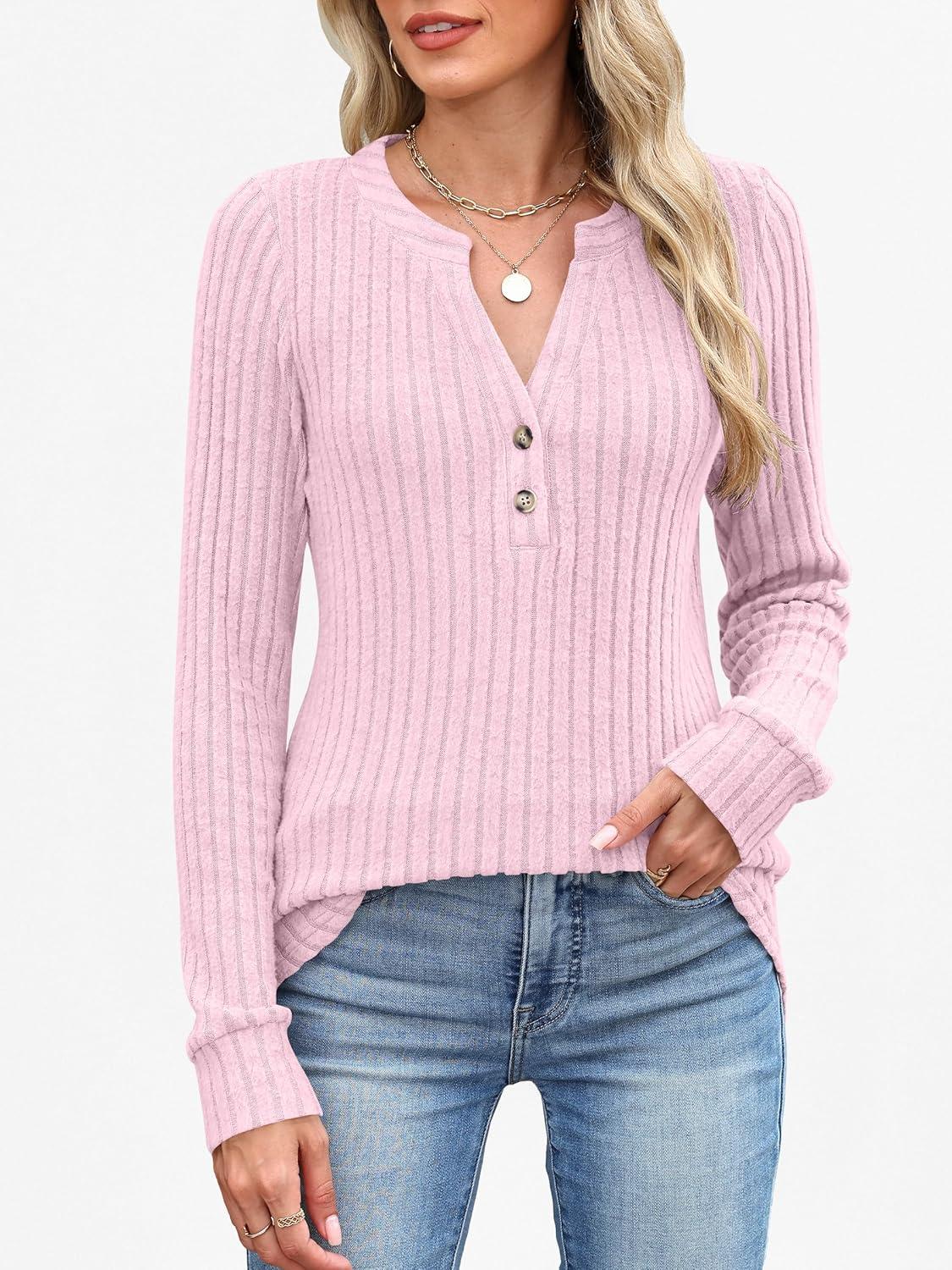 imageANRABESS Womens Henley Shirts Long Sleeve Tunic Tops 2025 Fall Fashion Outfits Ribbed Knit Sweaters Ladies Casual ClothesPink