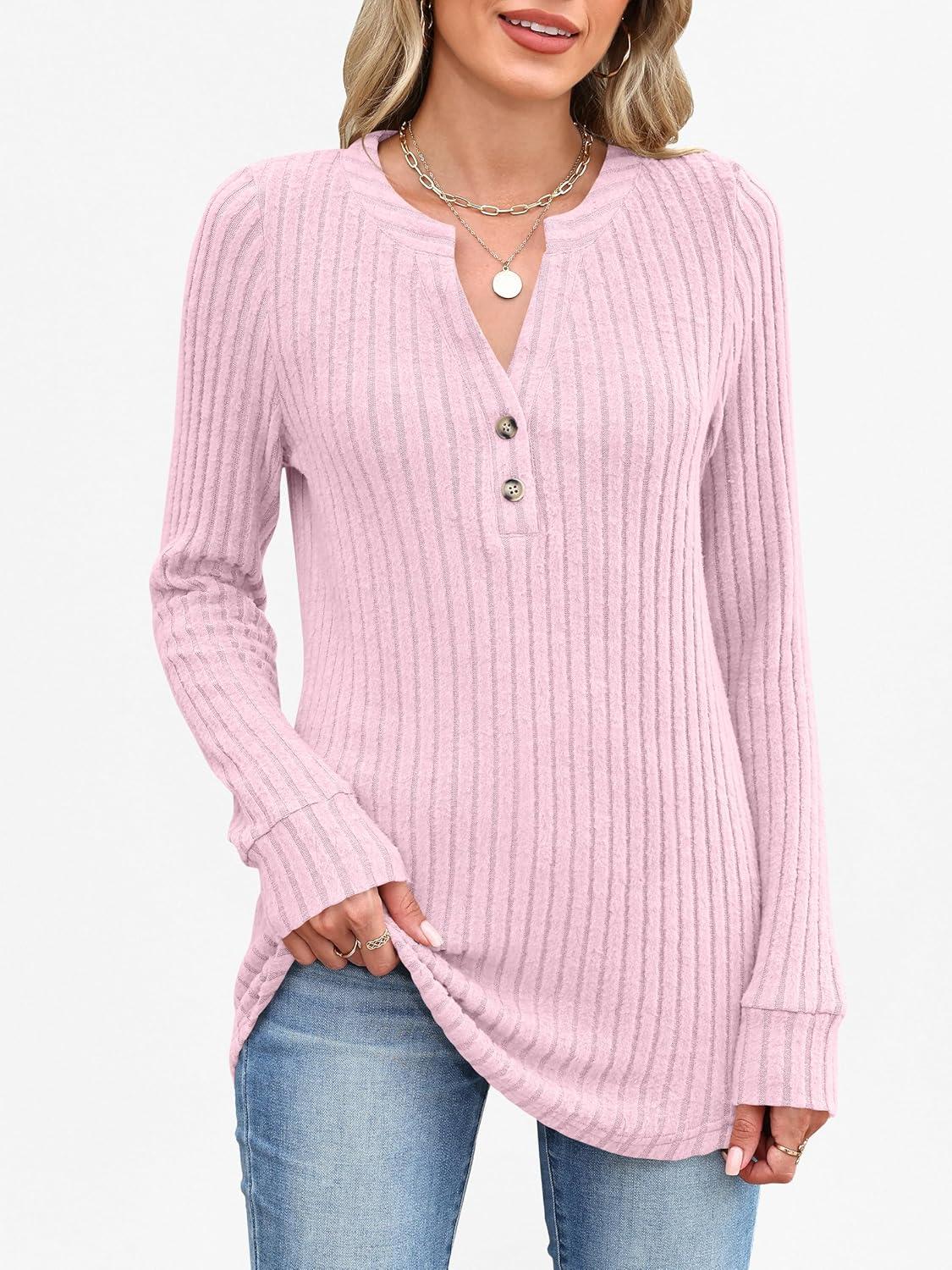 imageANRABESS Womens Henley Shirts Long Sleeve Tunic Tops 2025 Fall Fashion Outfits Ribbed Knit Sweaters Ladies Casual ClothesPink