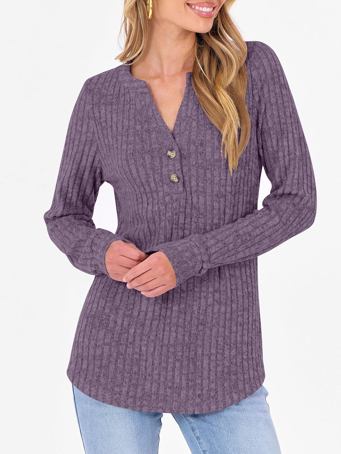 imageANRABESS Womens Henley Shirts Long Sleeve Tunic Tops 2025 Fall Fashion Outfits Ribbed Knit Sweaters Ladies Casual ClothesPurple