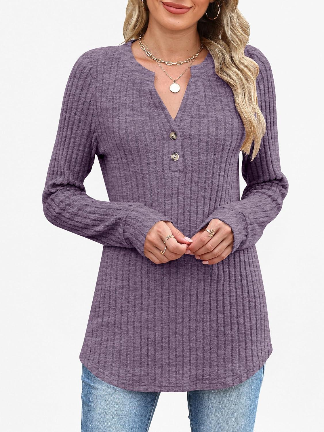 imageANRABESS Womens Henley Shirts Long Sleeve Tunic Tops 2025 Fall Fashion Outfits Ribbed Knit Sweaters Ladies Casual ClothesPurple