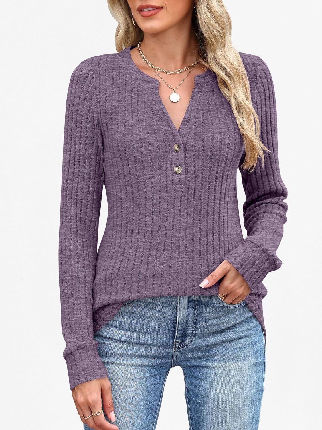 imageANRABESS Womens Henley Shirts Long Sleeve Tunic Tops 2025 Fall Fashion Outfits Ribbed Knit Sweaters Ladies Casual ClothesPurple