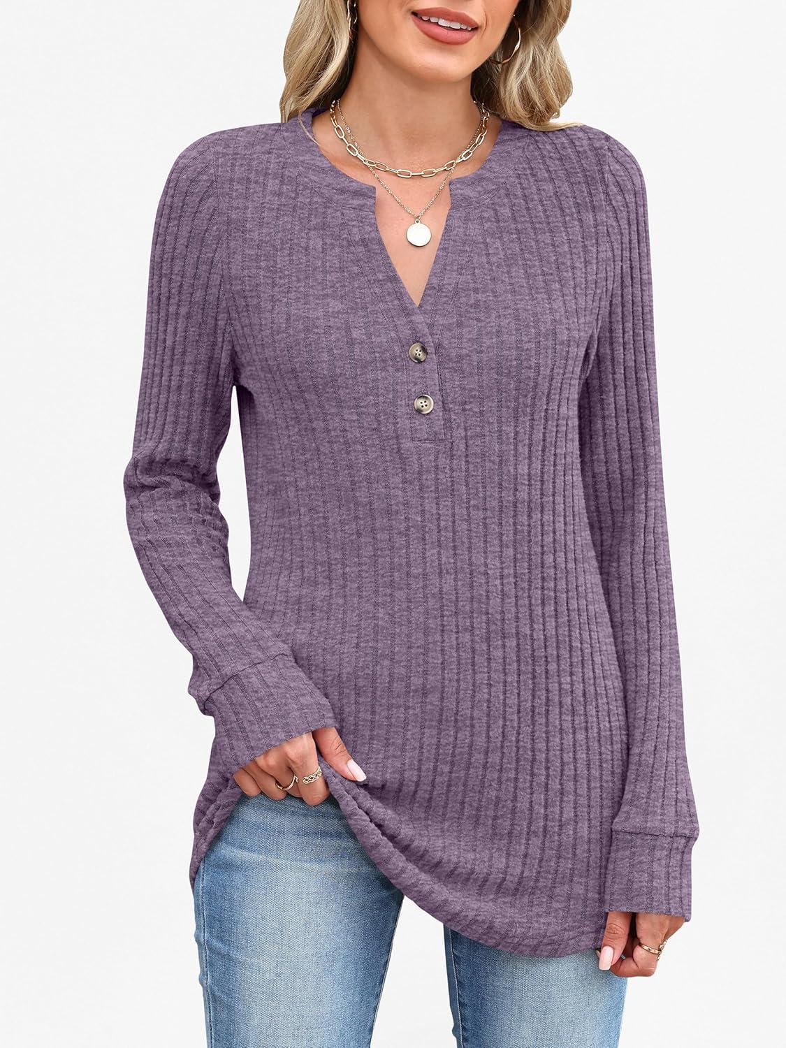 imageANRABESS Womens Henley Shirts Long Sleeve Tunic Tops 2025 Fall Fashion Outfits Ribbed Knit Sweaters Ladies Casual ClothesPurple