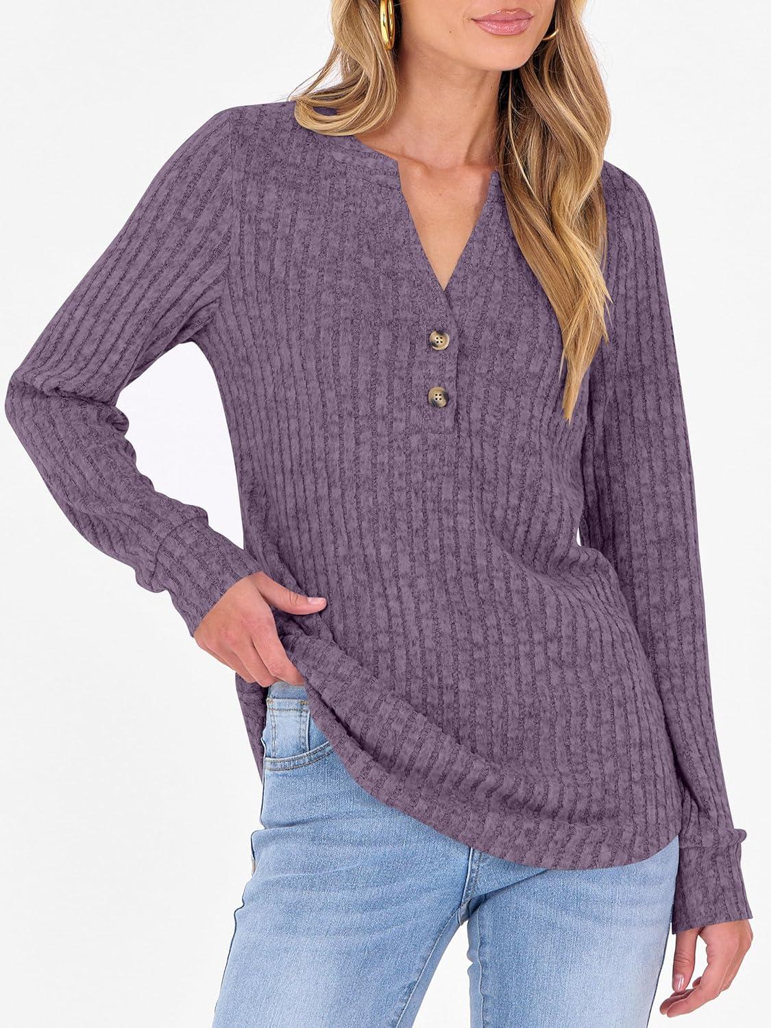 imageANRABESS Womens Henley Shirts Long Sleeve Tunic Tops 2025 Fall Fashion Outfits Ribbed Knit Sweaters Ladies Casual ClothesPurple