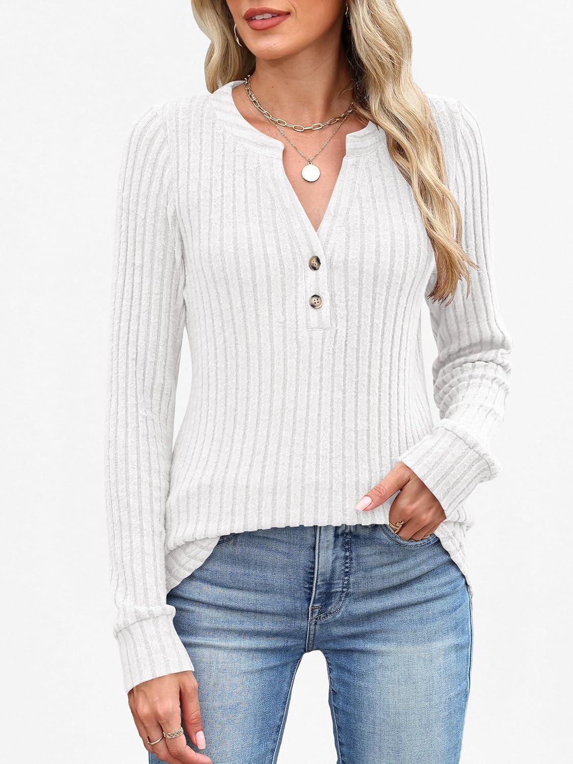 imageANRABESS Womens Henley Shirts Long Sleeve Tunic Tops 2025 Fall Fashion Outfits Ribbed Knit Sweaters Ladies Casual ClothesWhite