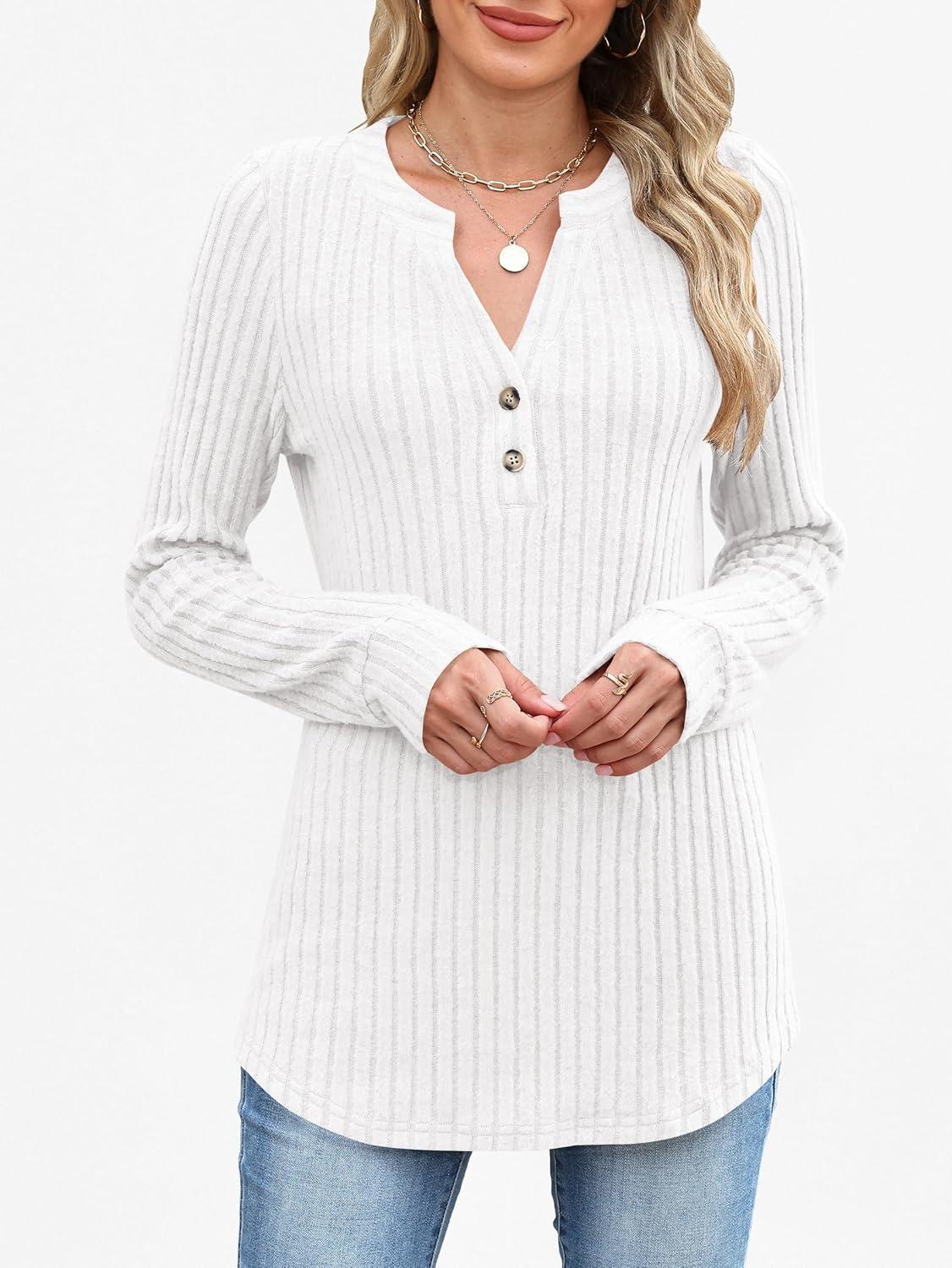 imageANRABESS Womens Henley Shirts Long Sleeve Tunic Tops 2025 Fall Fashion Outfits Ribbed Knit Sweaters Ladies Casual ClothesWhite