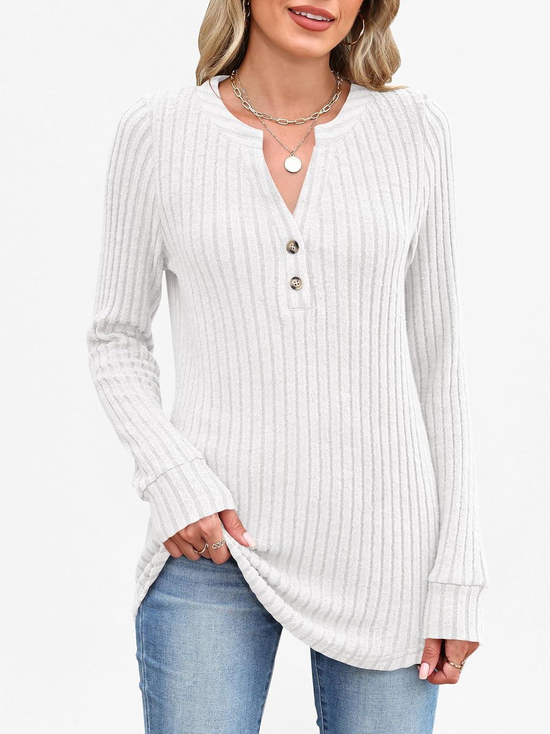imageANRABESS Womens Henley Shirts Long Sleeve Tunic Tops 2025 Fall Fashion Outfits Ribbed Knit Sweaters Ladies Casual ClothesWhite