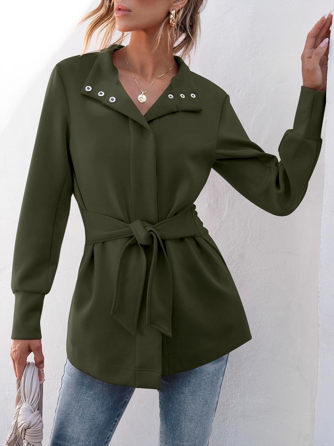 imageANRABESS Womens Jacket Belted Long Sleeve Wrap Trench Coat 2025 Fall Winter Casual Dressy Travel Outerwear with PocketsArmy Green