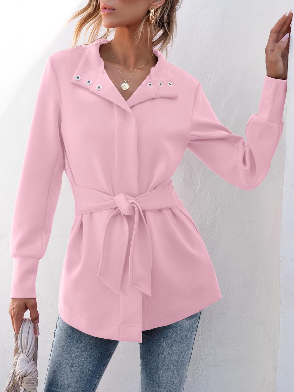 imageANRABESS Womens Jacket Belted Long Sleeve Wrap Trench Coat 2025 Fall Winter Casual Dressy Travel Outerwear with PocketsLight Pink