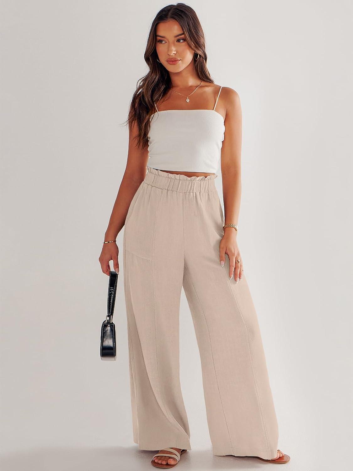 imageANRABESS Womens Linen Pants 2025 Summer Casual Loose Wide Leg Palazzo Pants High Waist Flowy Beach Trousers Work OutfitsApricot