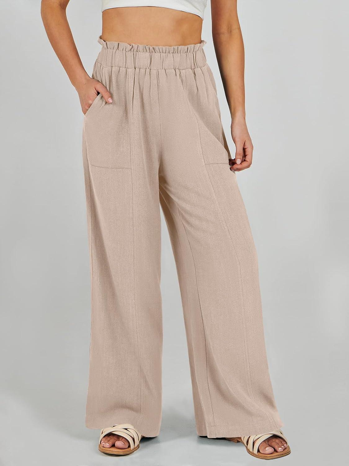 imageANRABESS Womens Linen Pants 2025 Summer Casual Loose Wide Leg Palazzo Pants High Waist Flowy Beach Trousers Work OutfitsApricot