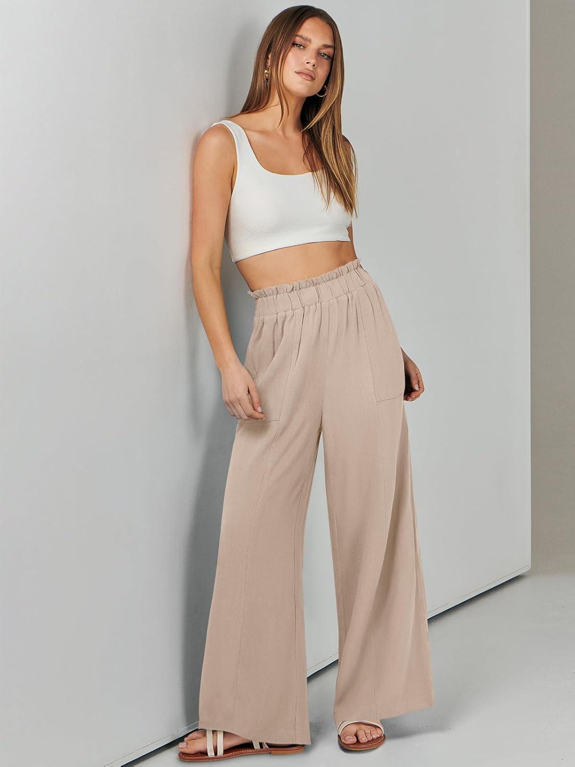 imageANRABESS Womens Linen Pants 2025 Summer Casual Loose Wide Leg Palazzo Pants High Waist Flowy Beach Trousers Work OutfitsApricot