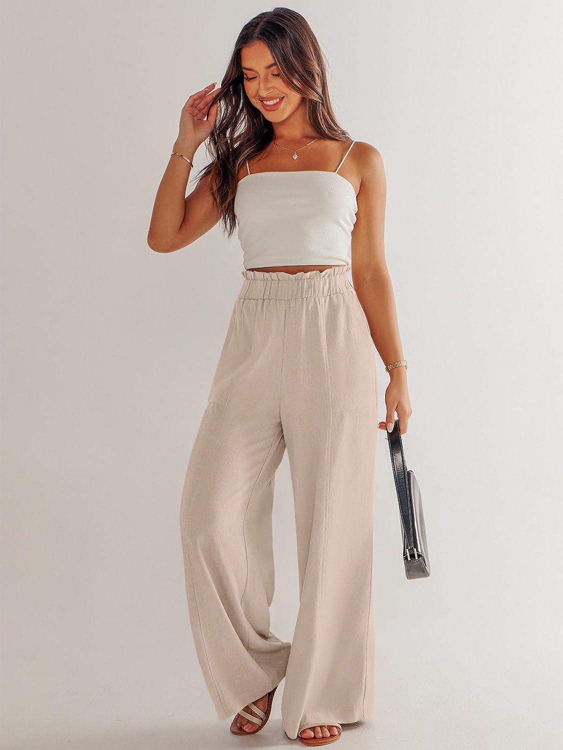 imageANRABESS Womens Linen Pants 2025 Summer Casual Loose Wide Leg Palazzo Pants High Waist Flowy Beach Trousers Work OutfitsApricot