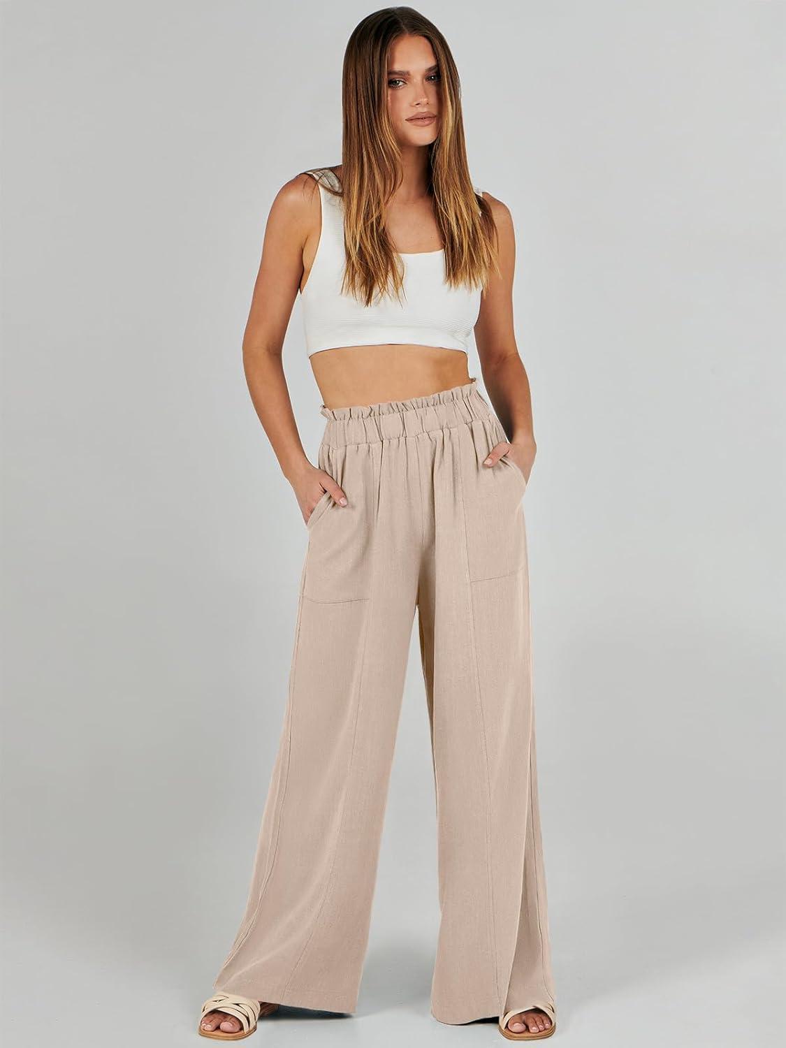 imageANRABESS Womens Linen Pants 2025 Summer Casual Loose Wide Leg Palazzo Pants High Waist Flowy Beach Trousers Work OutfitsApricot
