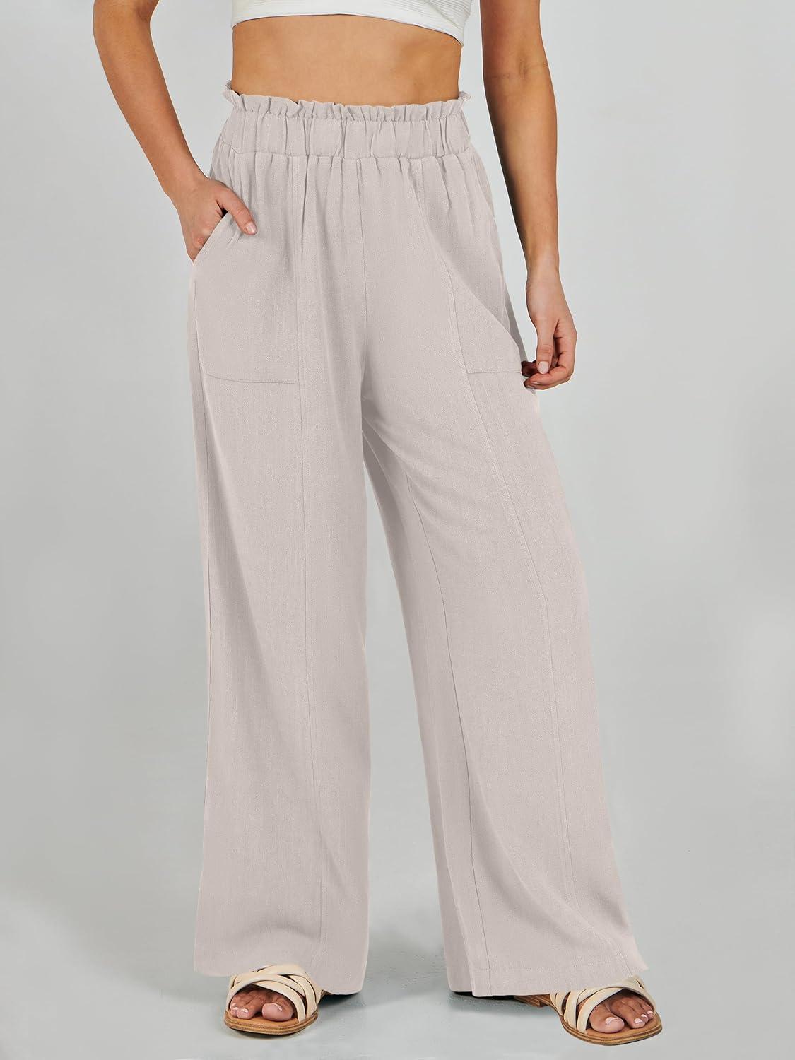 imageANRABESS Womens Linen Pants 2025 Summer Casual Loose Wide Leg Palazzo Pants High Waist Flowy Beach Trousers Work OutfitsBeige