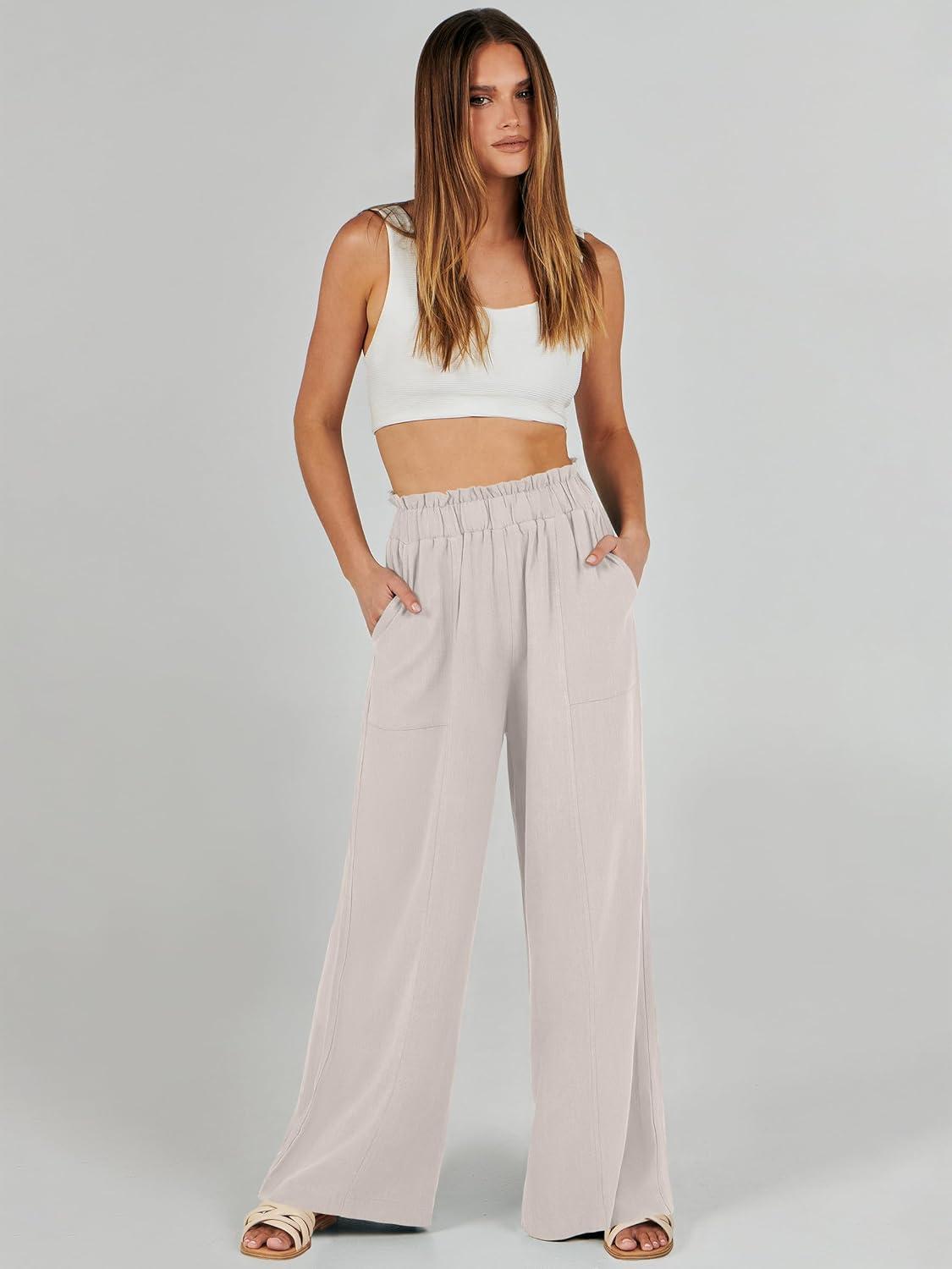 imageANRABESS Womens Linen Pants 2025 Summer Casual Loose Wide Leg Palazzo Pants High Waist Flowy Beach Trousers Work OutfitsBeige