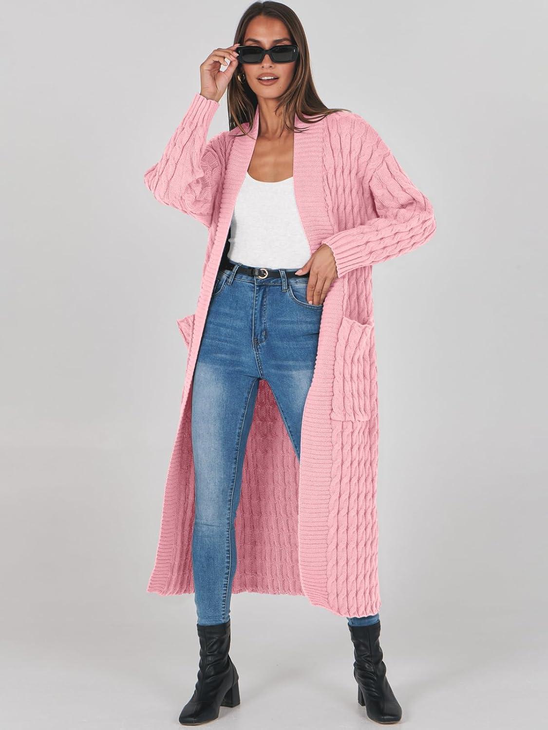 imageANRABESS Womens Long Cardigan Sweater 2025 Oversized Coat Long Sleeve Open Front Knit Maxi Outwear Fall Trendy Jacket ClothesPink