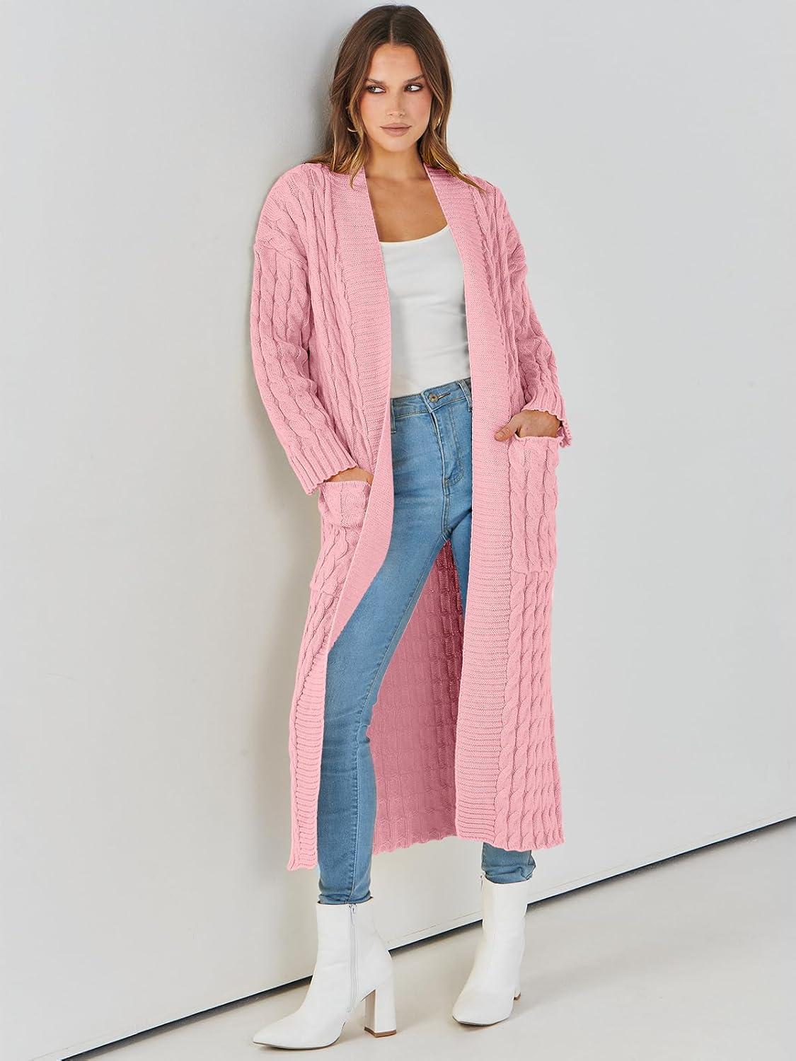 imageANRABESS Womens Long Cardigan Sweater 2025 Oversized Coat Long Sleeve Open Front Knit Maxi Outwear Fall Trendy Jacket ClothesPink
