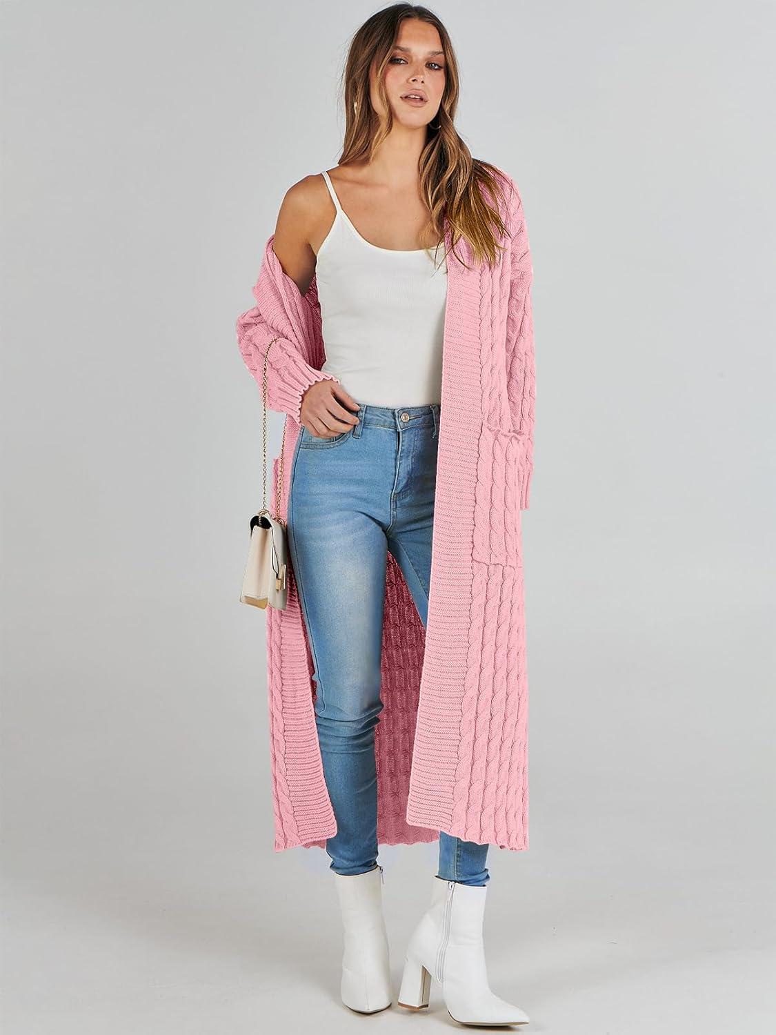 imageANRABESS Womens Long Cardigan Sweater 2025 Oversized Coat Long Sleeve Open Front Knit Maxi Outwear Fall Trendy Jacket ClothesPink
