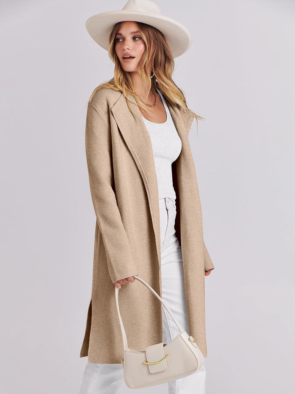 imageANRABESS Womens Long Cardigans Sweater 2025 Fall Dressy Casual Lapel Knit Warm Trench Coatigan Oversized Blazer Jacket CoatDark Apricot