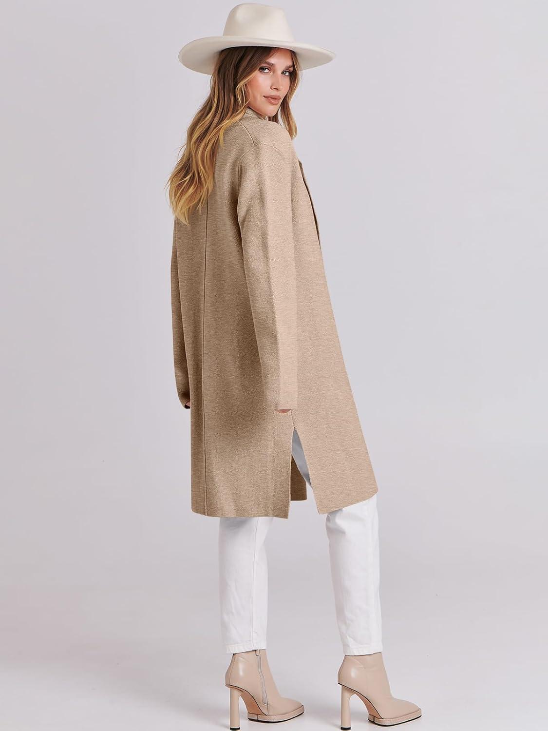 imageANRABESS Womens Long Cardigans Sweater 2025 Fall Dressy Casual Lapel Knit Warm Trench Coatigan Oversized Blazer Jacket CoatDark Apricot