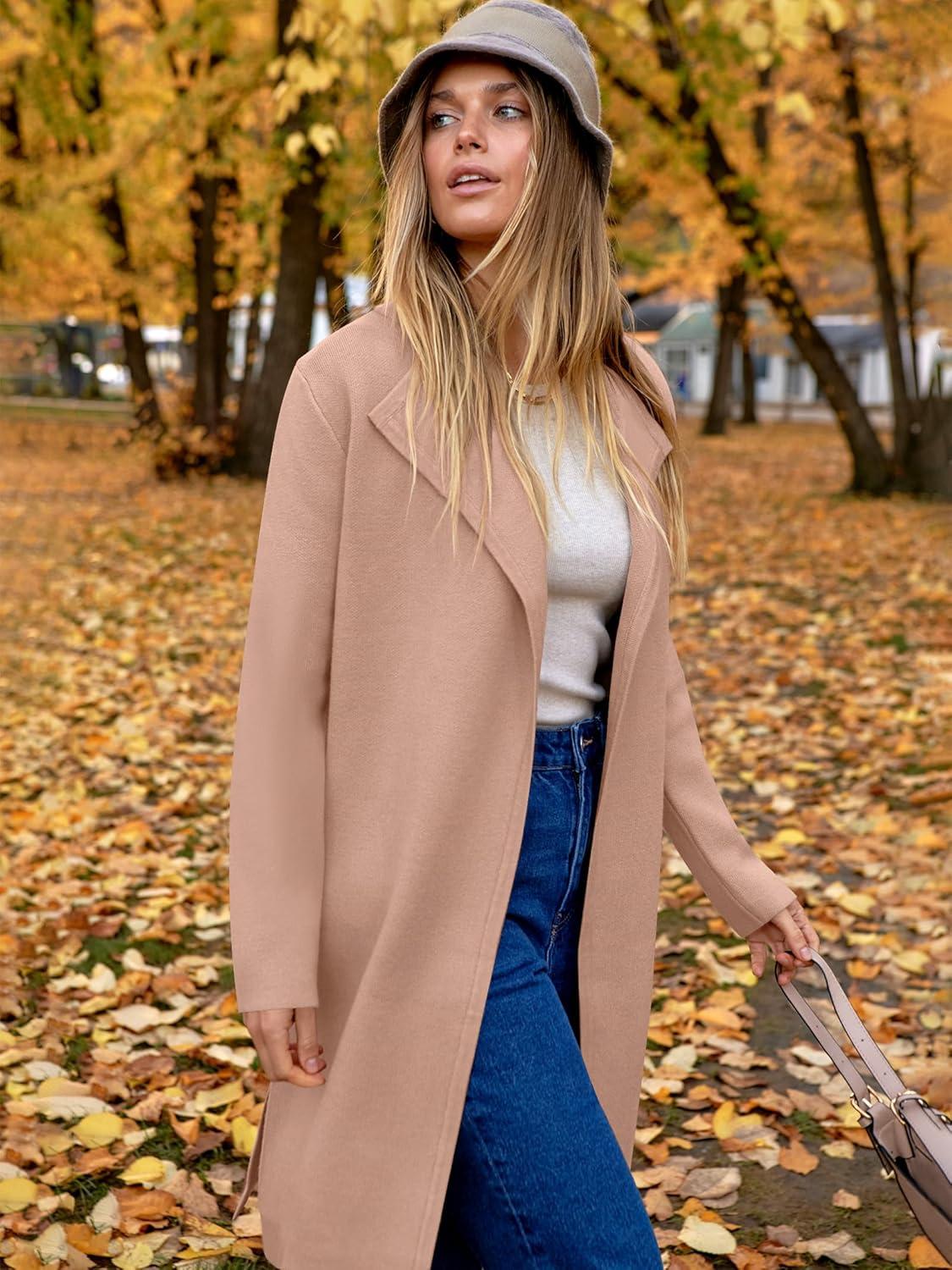 imageANRABESS Womens Long Cardigans Sweater 2025 Fall Dressy Casual Lapel Knit Warm Trench Coatigan Oversized Blazer Jacket CoatDeep Apricot