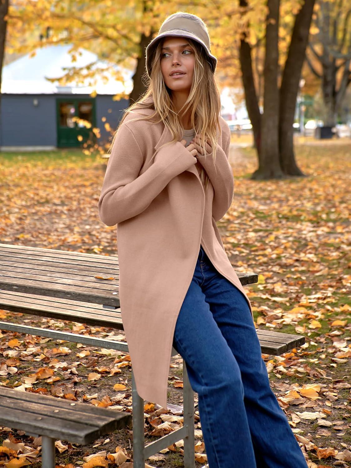 imageANRABESS Womens Long Cardigans Sweater 2025 Fall Dressy Casual Lapel Knit Warm Trench Coatigan Oversized Blazer Jacket CoatDeep Apricot