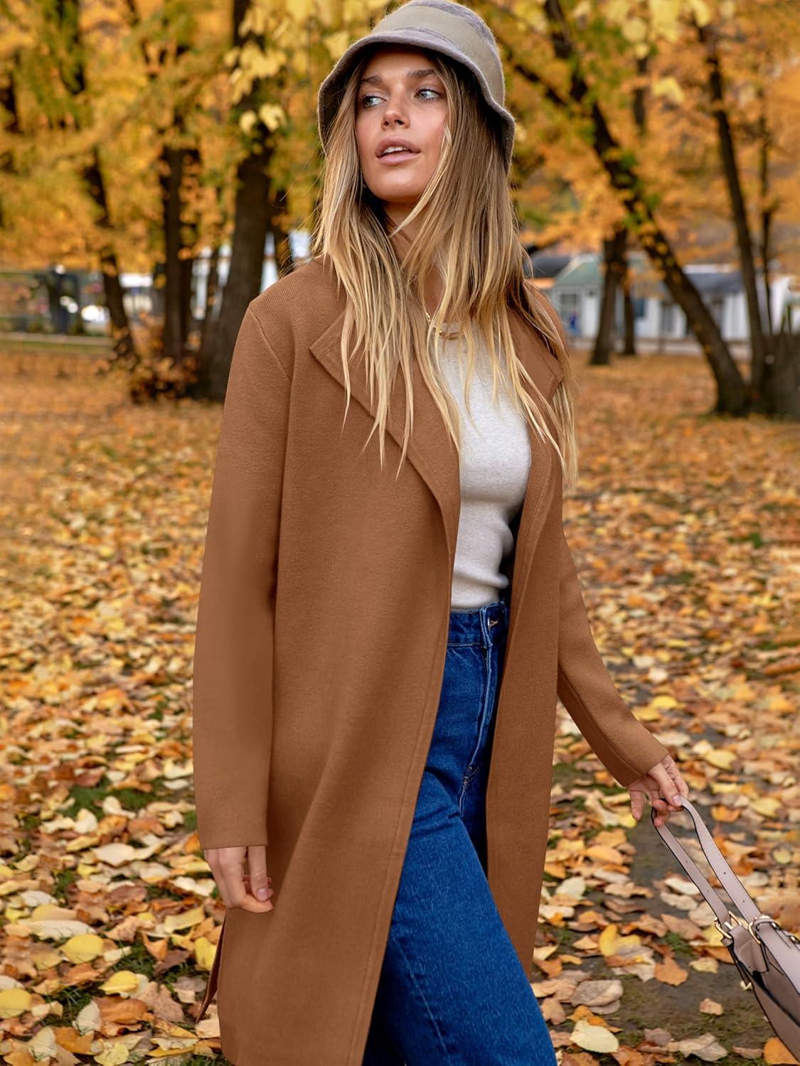 imageANRABESS Womens Long Cardigans Sweater 2025 Fall Dressy Casual Lapel Knit Warm Trench Coatigan Oversized Blazer Jacket CoatDeep Caramel