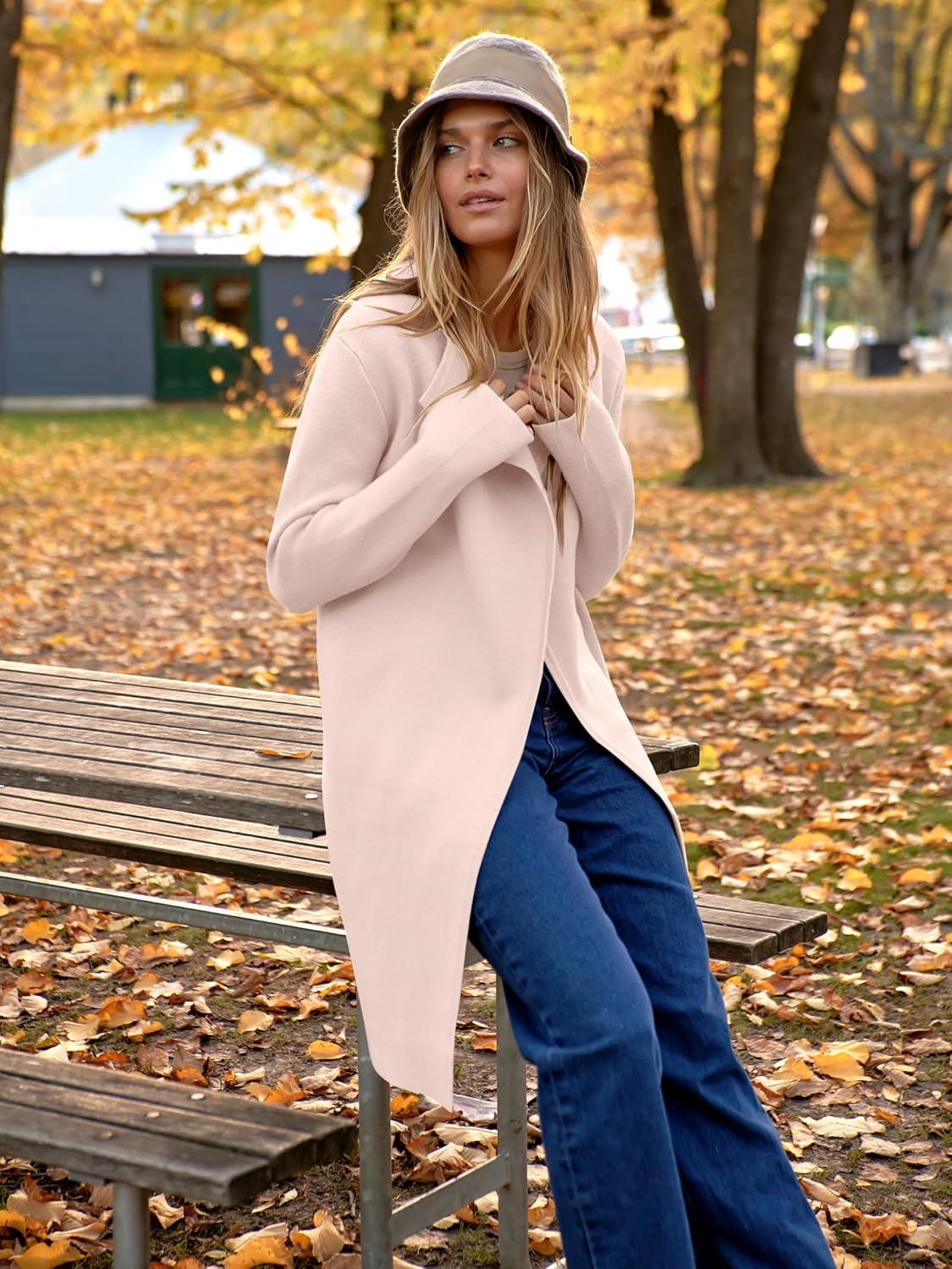 imageANRABESS Womens Long Cardigans Sweater 2025 Fall Dressy Casual Lapel Knit Warm Trench Coatigan Oversized Blazer Jacket CoatLight Apricot