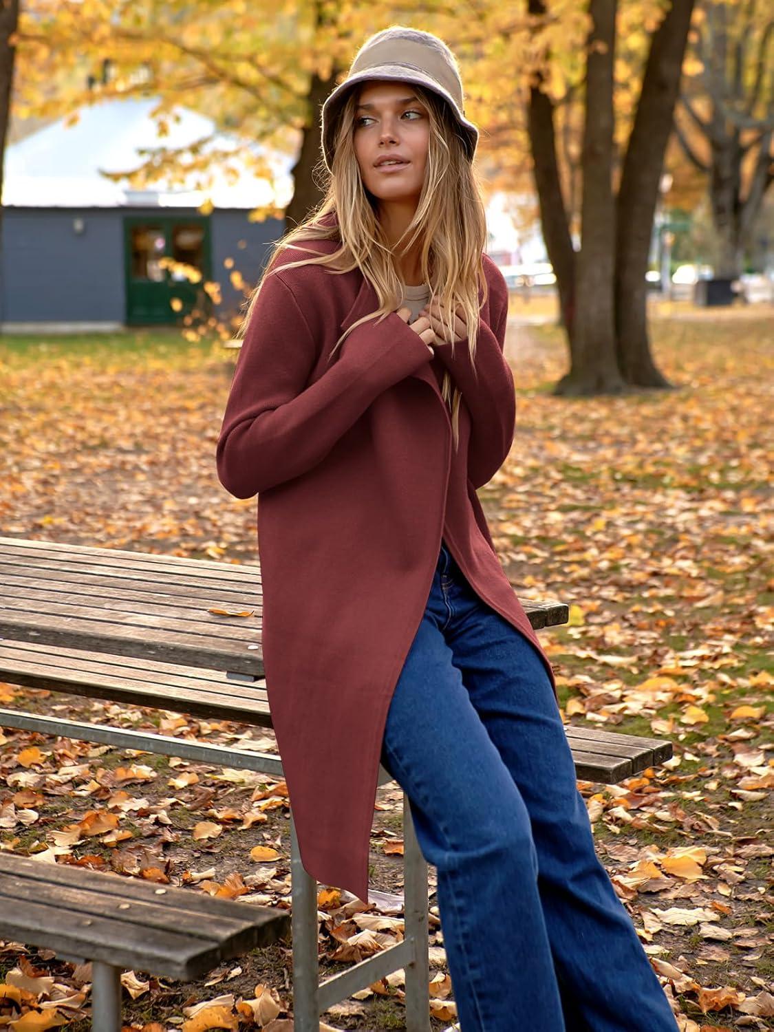 imageANRABESS Womens Long Cardigans Sweater 2025 Fall Dressy Casual Lapel Knit Warm Trench Coatigan Oversized Blazer Jacket CoatRusty Red