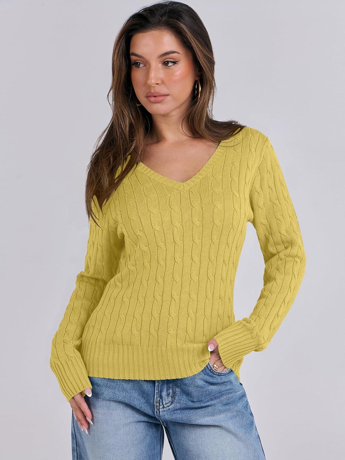 imageANRABESS Womens Long Sleeve Cable Knit Sweater 2025 Fall Fashion V Neck Fitted Pullover Top Business Casual Work Fall OutfitsYellow