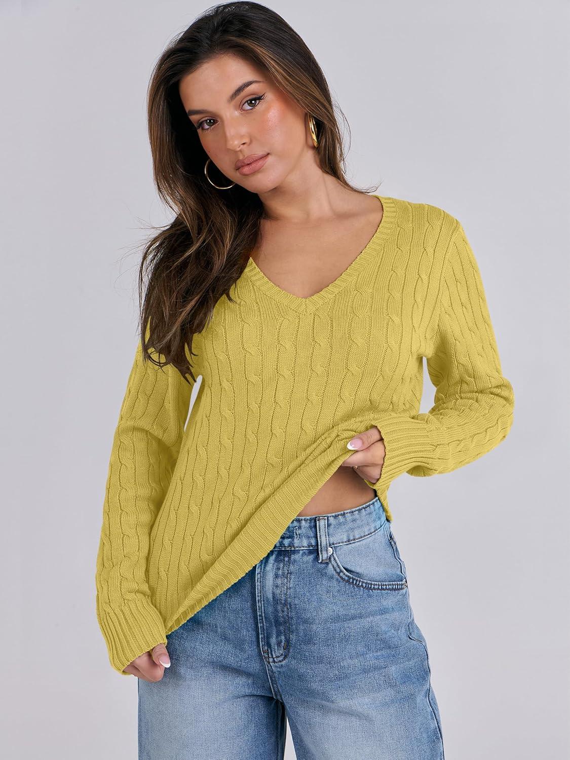 imageANRABESS Womens Long Sleeve Cable Knit Sweater 2025 Fall Fashion V Neck Fitted Pullover Top Business Casual Work Fall OutfitsYellow