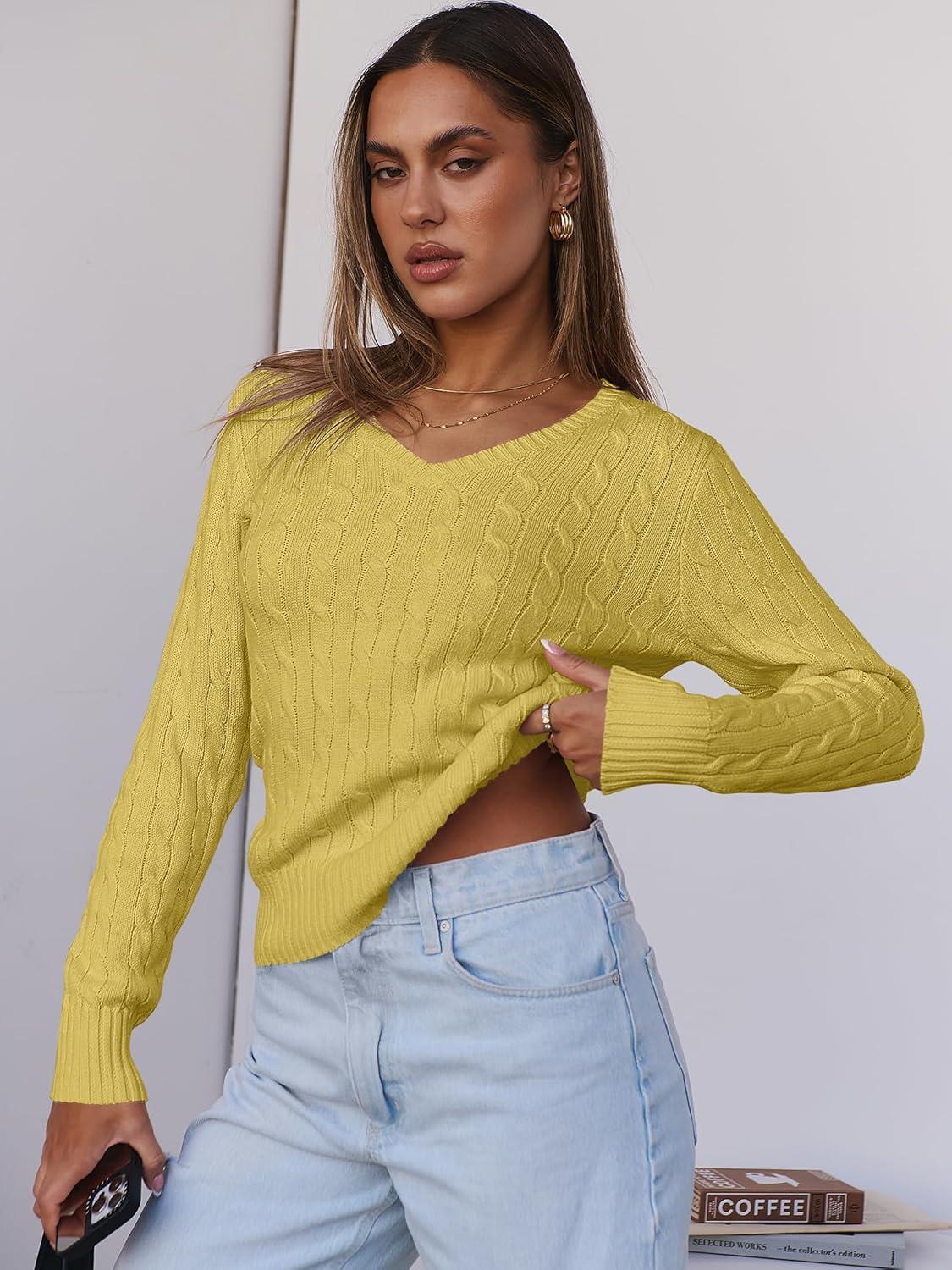 imageANRABESS Womens Long Sleeve Cable Knit Sweater 2025 Fall Fashion V Neck Fitted Pullover Top Business Casual Work Fall OutfitsYellow