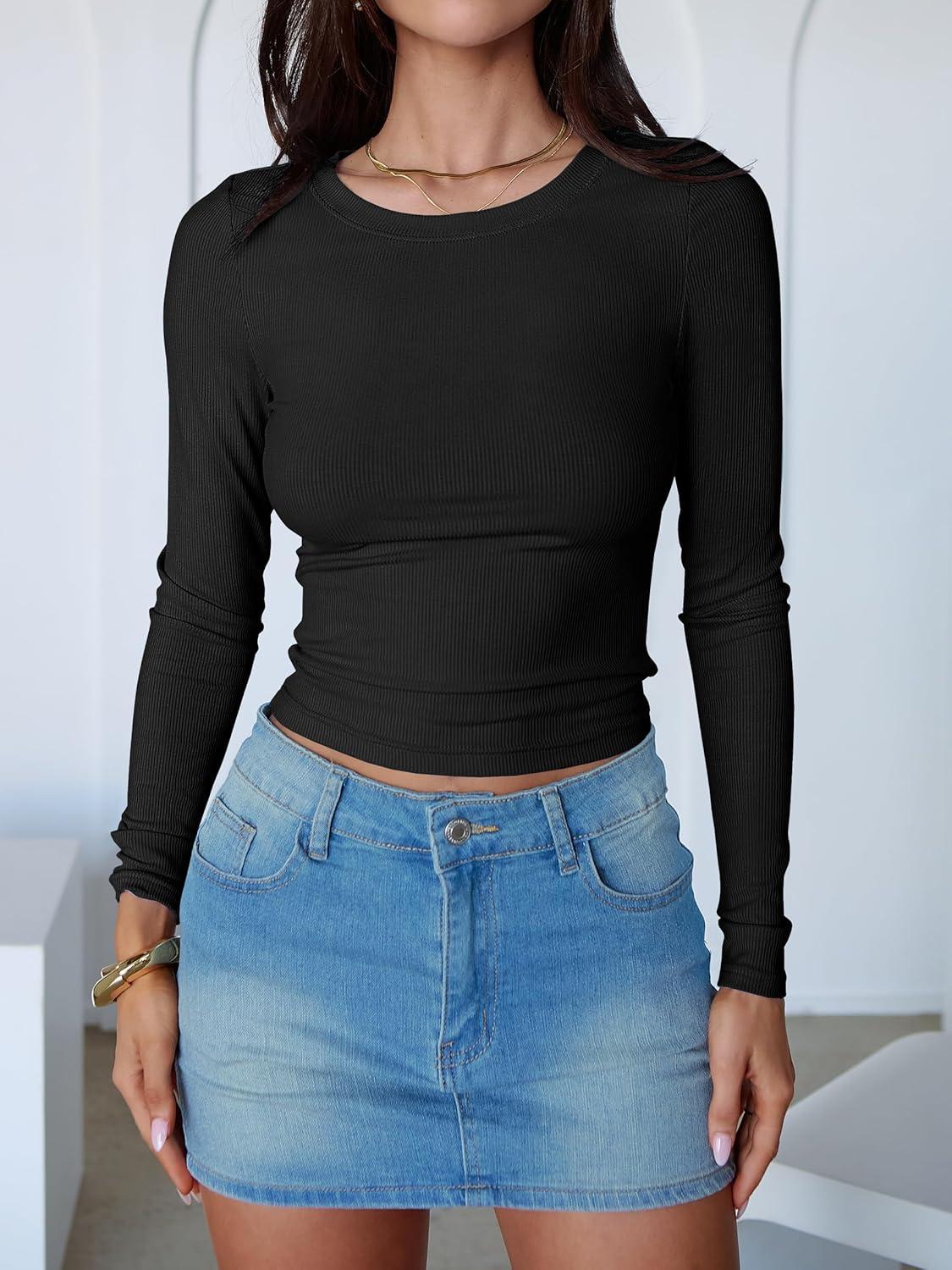 imageANRABESS Womens Long Sleeve Crop Tops Ribbed Knit Slim Fitted Shirts Basic Tees 2025 Fall Outfits Y2K Teen Girls ClothesBlack