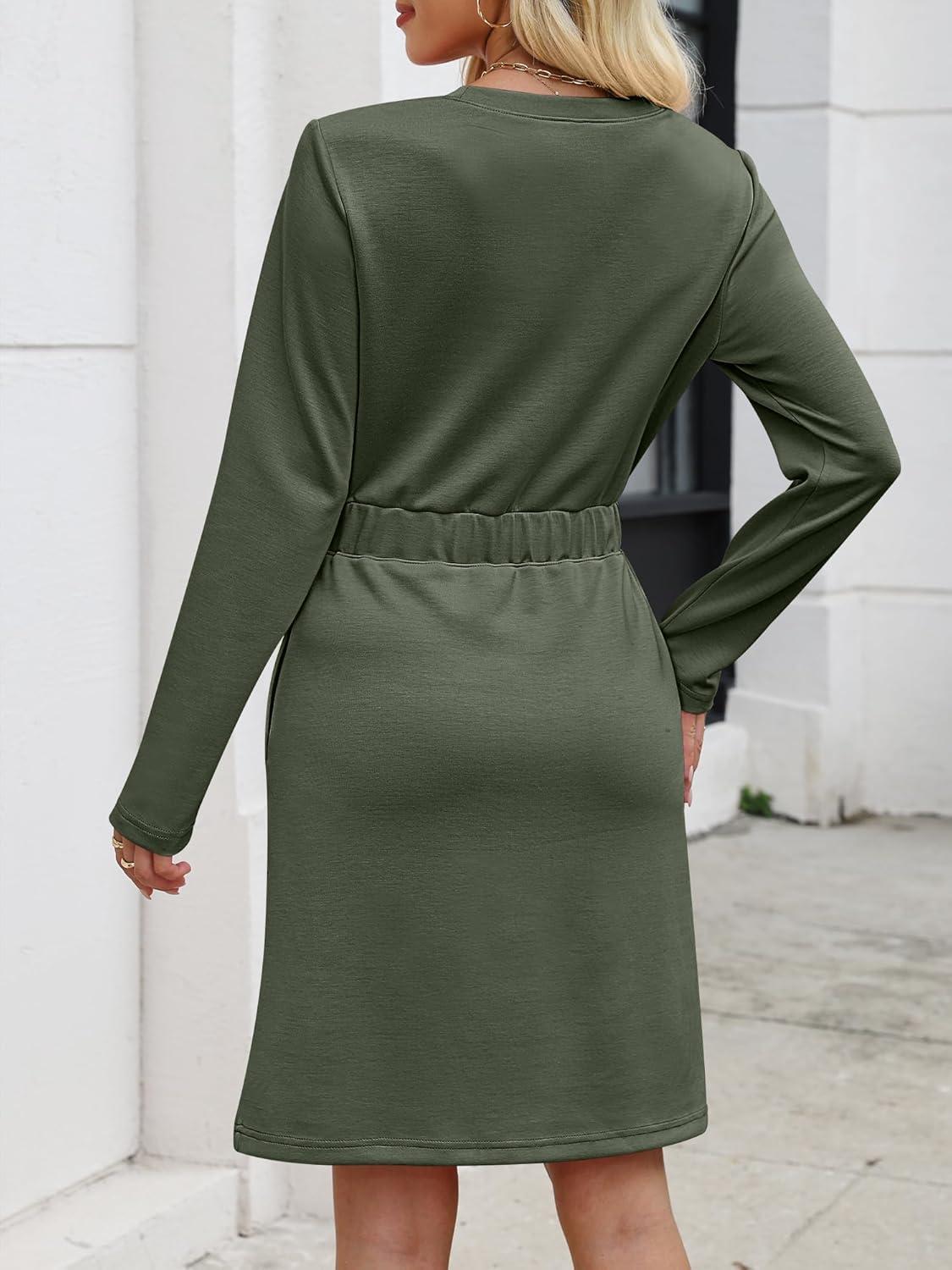 imageANRABESS Womens Long Sleeve Dress 2025 Fall Casual Elastic Waist Short Mini T Shirt Dresses with Pockets Travel OutfitsArmy Green