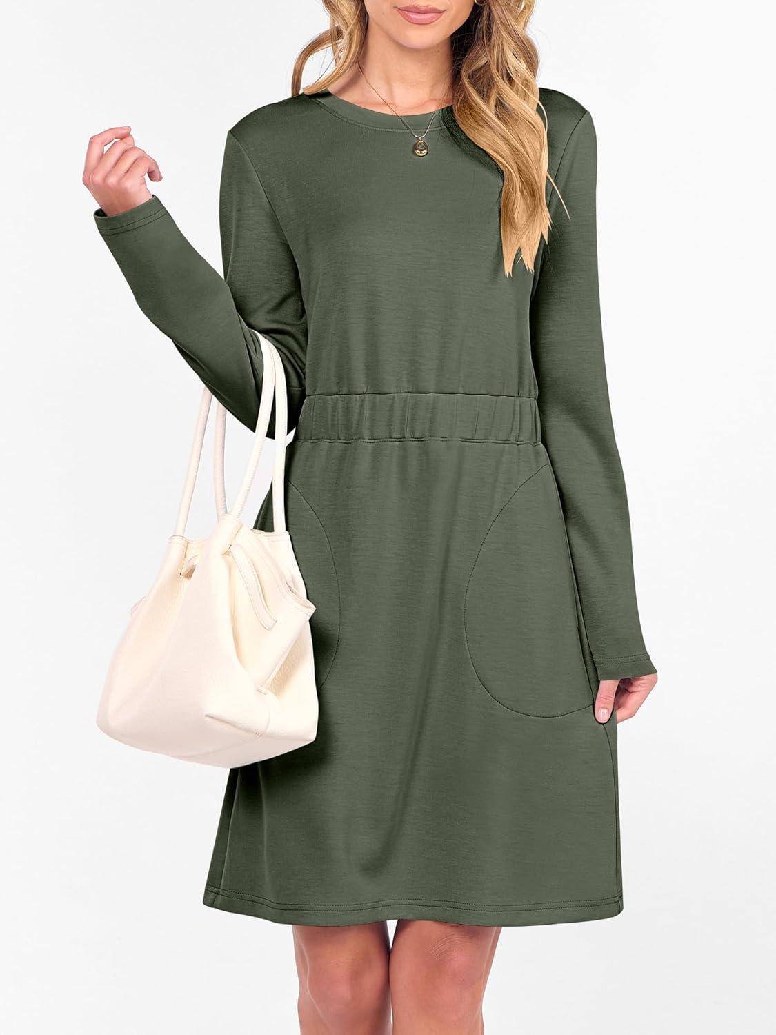 imageANRABESS Womens Long Sleeve Dress 2025 Fall Casual Elastic Waist Short Mini T Shirt Dresses with Pockets Travel OutfitsArmy Green