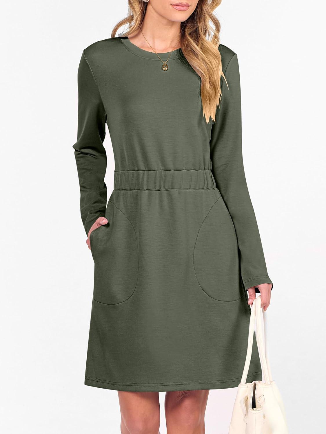imageANRABESS Womens Long Sleeve Dress 2025 Fall Casual Elastic Waist Short Mini T Shirt Dresses with Pockets Travel OutfitsArmy Green