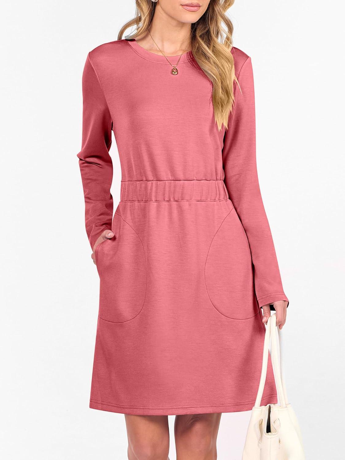 imageANRABESS Womens Long Sleeve Dress 2025 Fall Casual Elastic Waist Short Mini T Shirt Dresses with Pockets Travel OutfitsCoral