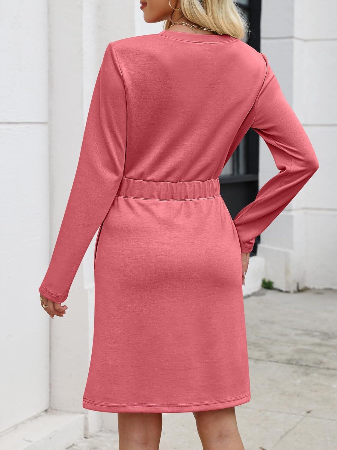 imageANRABESS Womens Long Sleeve Dress 2025 Fall Casual Elastic Waist Short Mini T Shirt Dresses with Pockets Travel OutfitsCoral