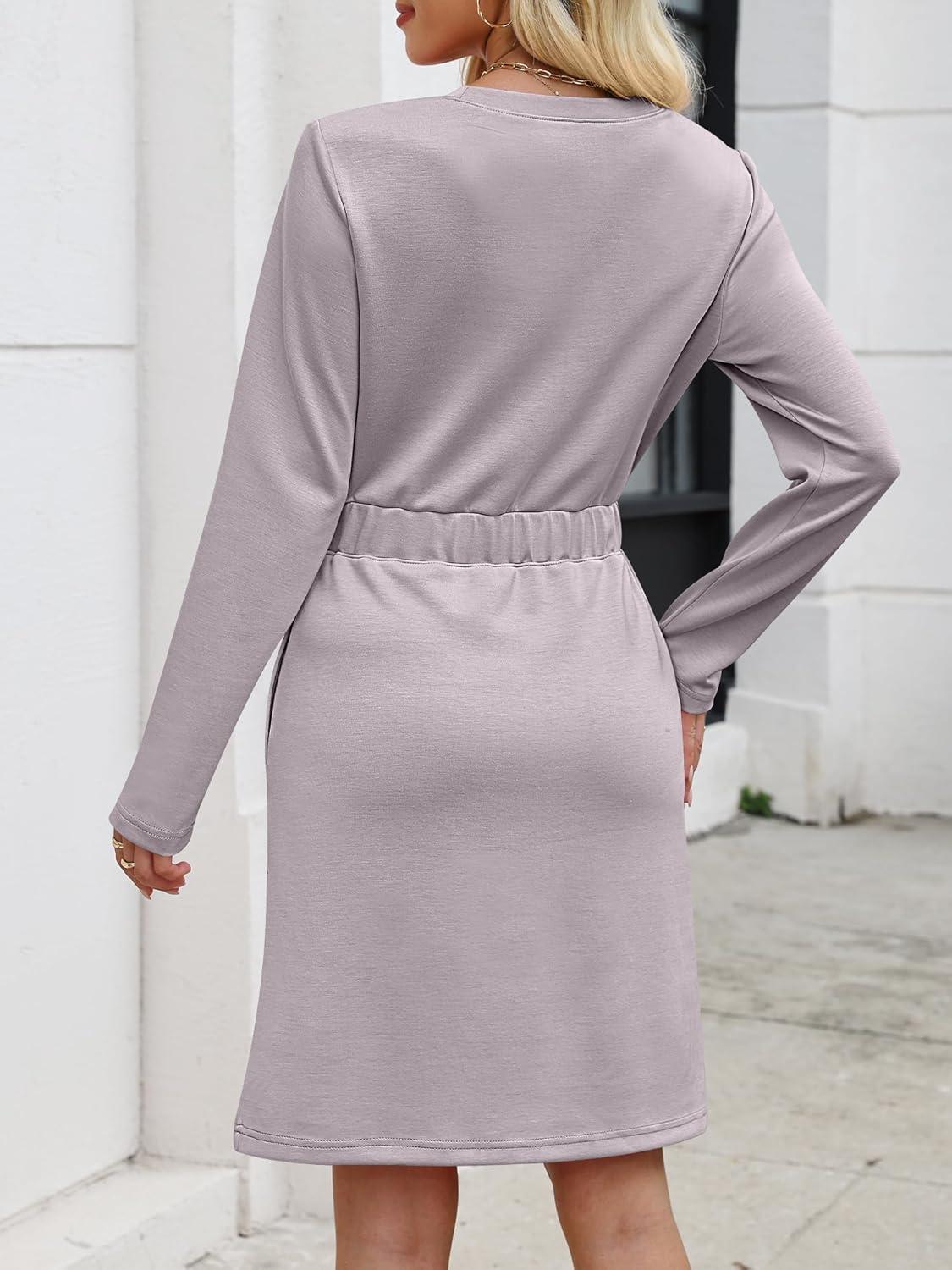 imageANRABESS Womens Long Sleeve Dress 2025 Fall Casual Elastic Waist Short Mini T Shirt Dresses with Pockets Travel OutfitsGrey