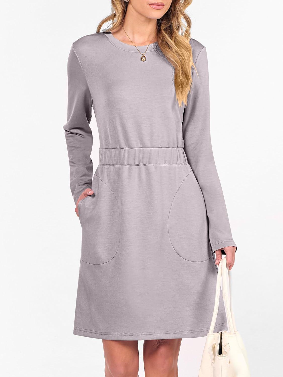 imageANRABESS Womens Long Sleeve Dress 2025 Fall Casual Elastic Waist Short Mini T Shirt Dresses with Pockets Travel OutfitsGrey