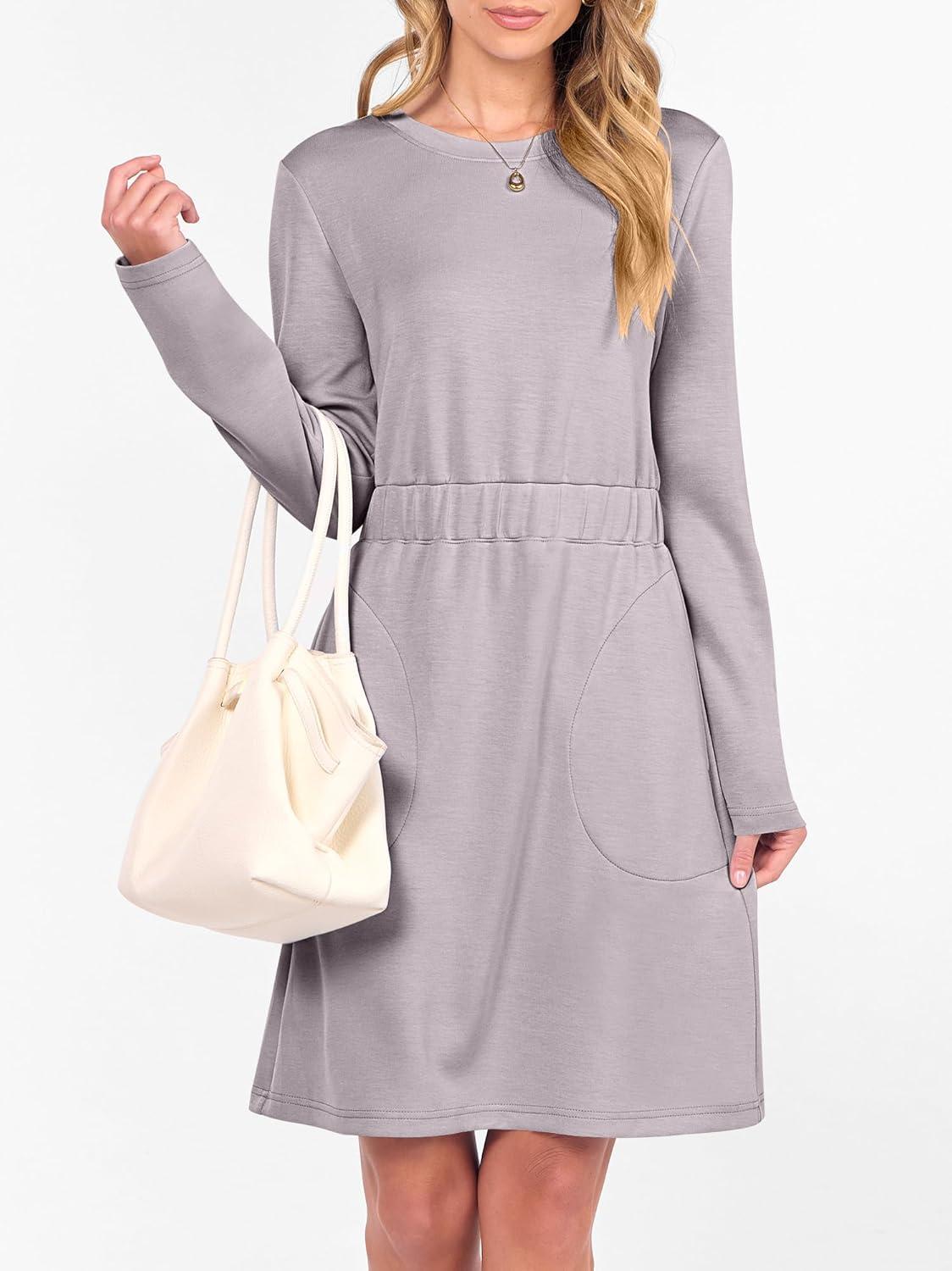 imageANRABESS Womens Long Sleeve Dress 2025 Fall Casual Elastic Waist Short Mini T Shirt Dresses with Pockets Travel OutfitsGrey