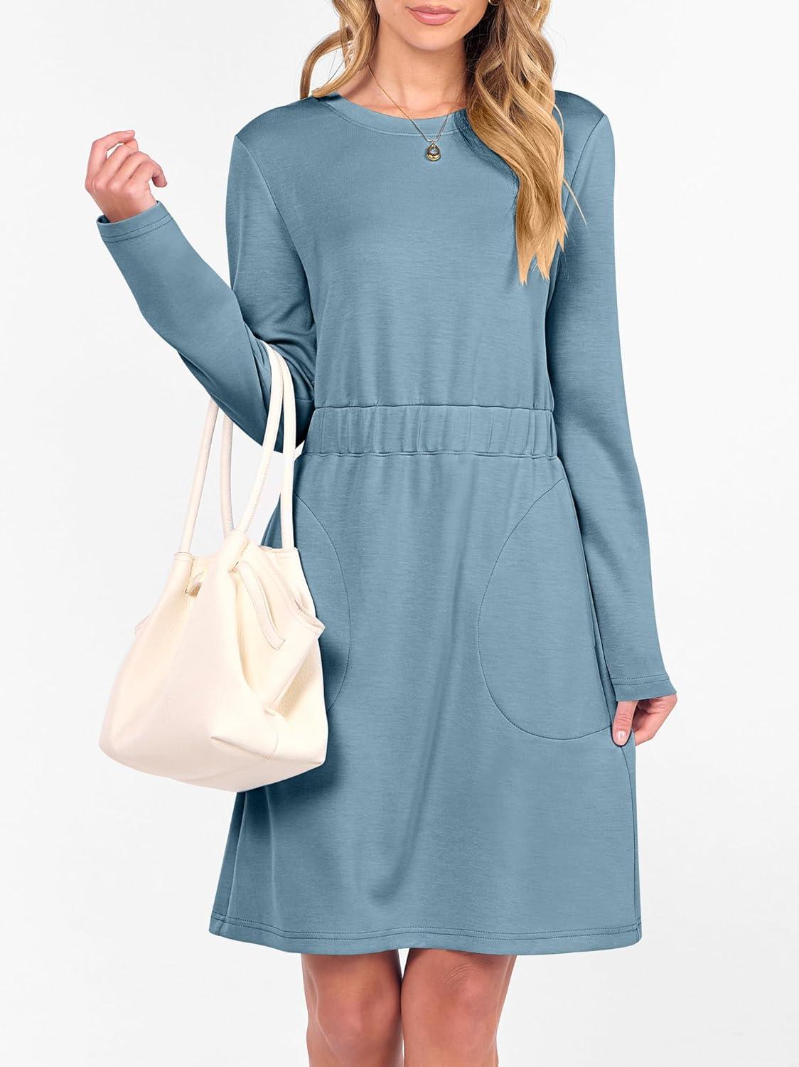 imageANRABESS Womens Long Sleeve Dress 2025 Fall Casual Elastic Waist Short Mini T Shirt Dresses with Pockets Travel OutfitsLake Blue