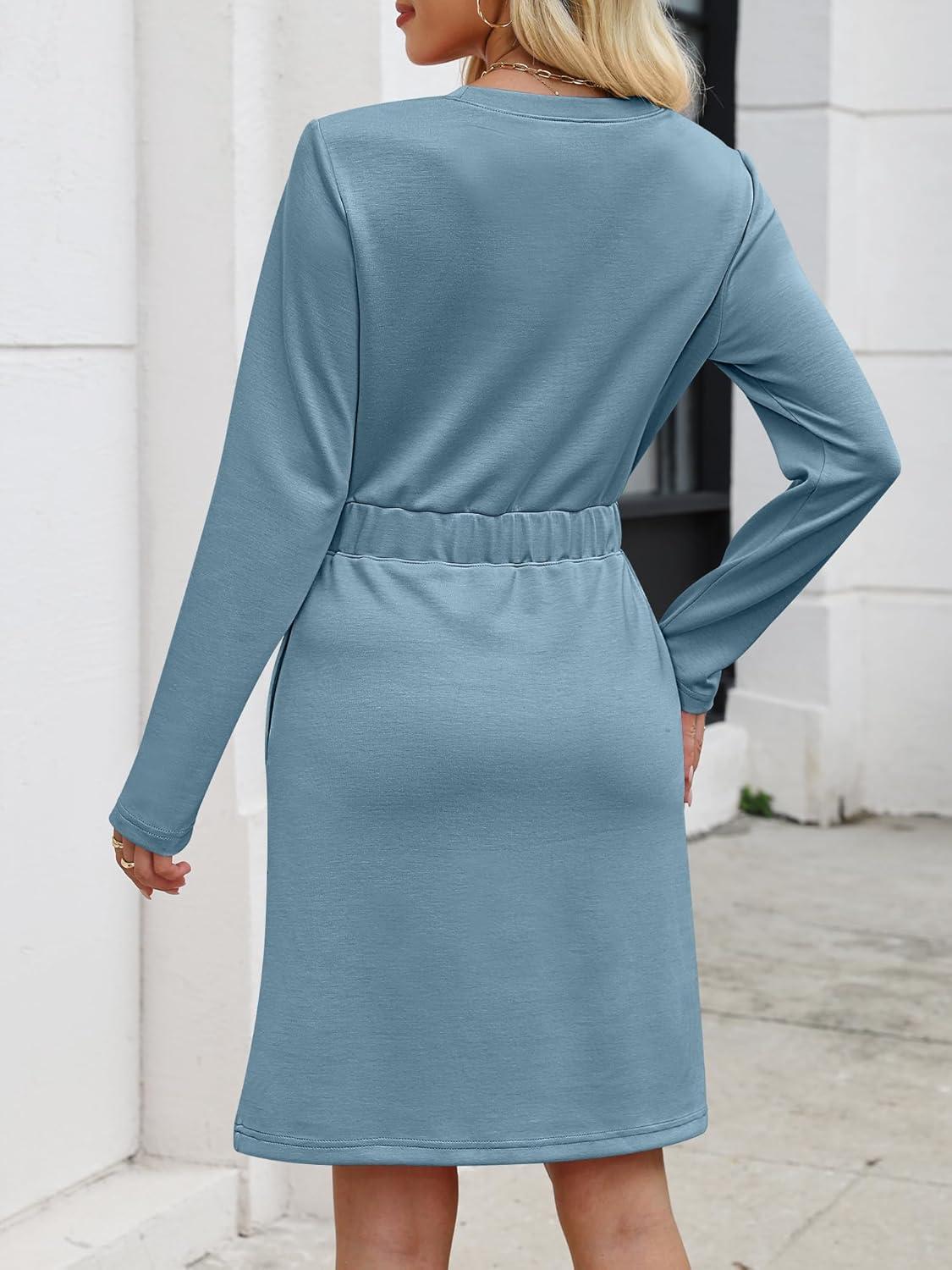 imageANRABESS Womens Long Sleeve Dress 2025 Fall Casual Elastic Waist Short Mini T Shirt Dresses with Pockets Travel OutfitsLake Blue