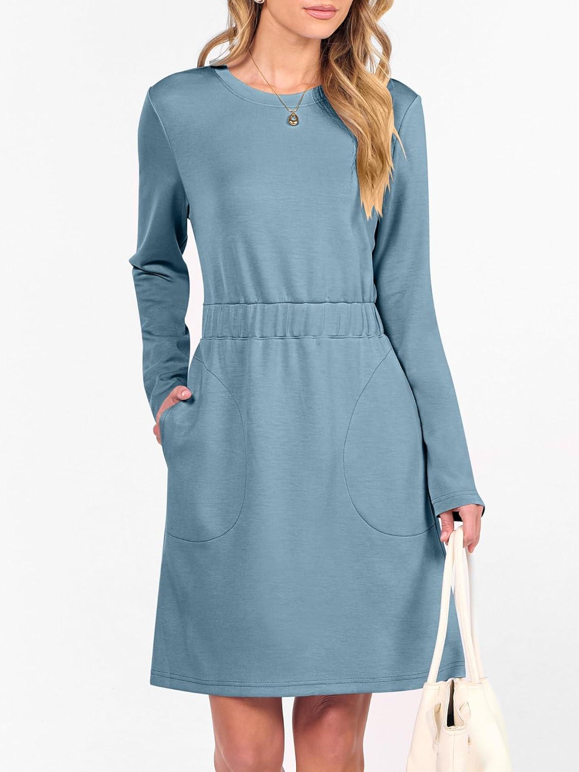 imageANRABESS Womens Long Sleeve Dress 2025 Fall Casual Elastic Waist Short Mini T Shirt Dresses with Pockets Travel OutfitsLake Blue