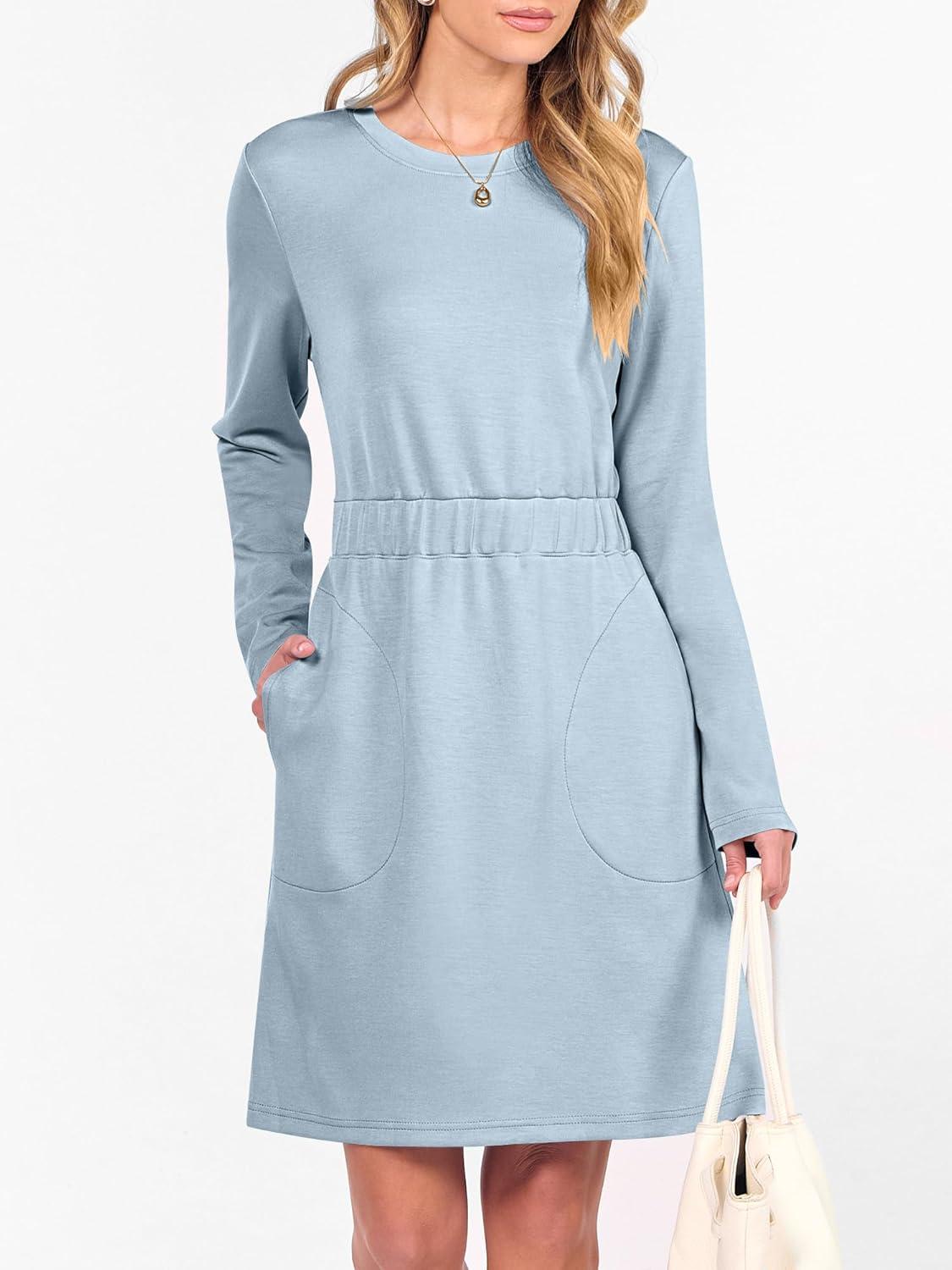 imageANRABESS Womens Long Sleeve Dress 2025 Fall Casual Elastic Waist Short Mini T Shirt Dresses with Pockets Travel OutfitsLight Blue