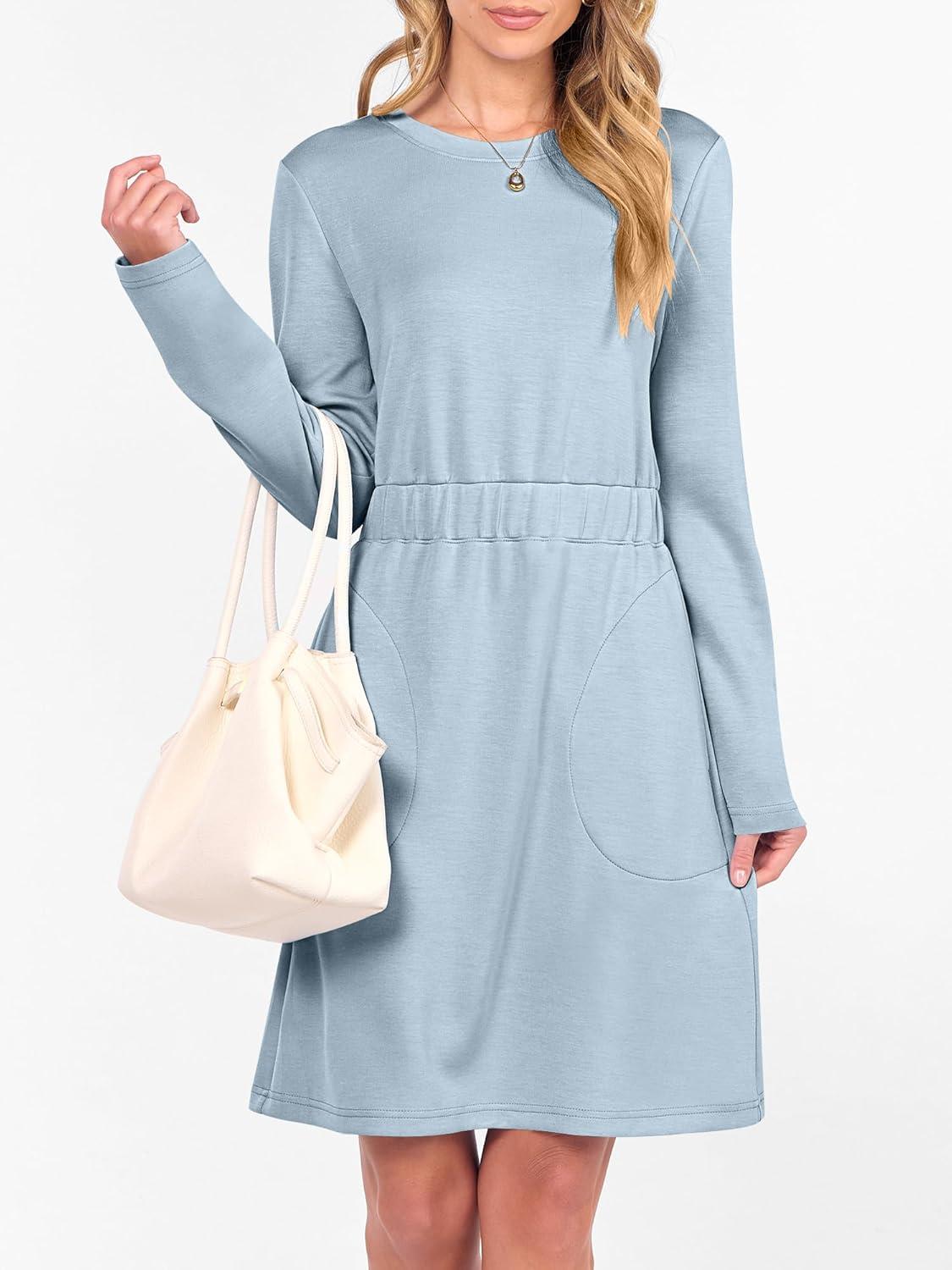 imageANRABESS Womens Long Sleeve Dress 2025 Fall Casual Elastic Waist Short Mini T Shirt Dresses with Pockets Travel OutfitsLight Blue