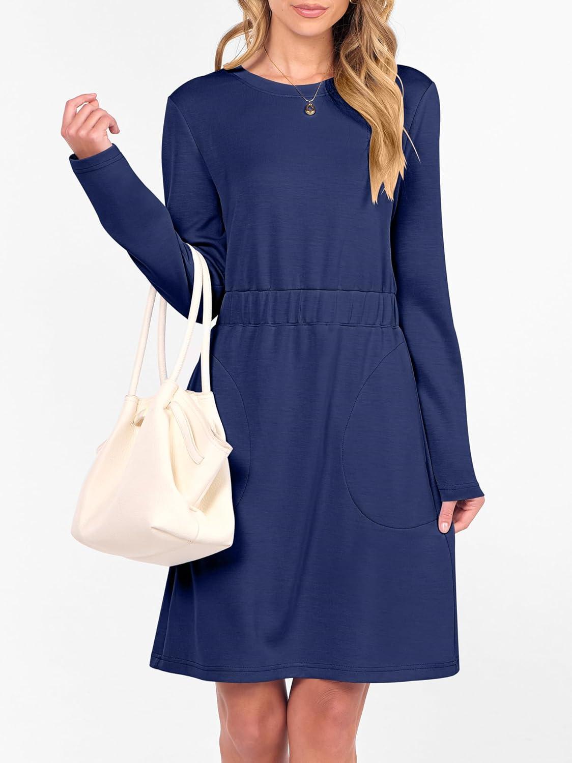 imageANRABESS Womens Long Sleeve Dress 2025 Fall Casual Elastic Waist Short Mini T Shirt Dresses with Pockets Travel OutfitsNavy Blue