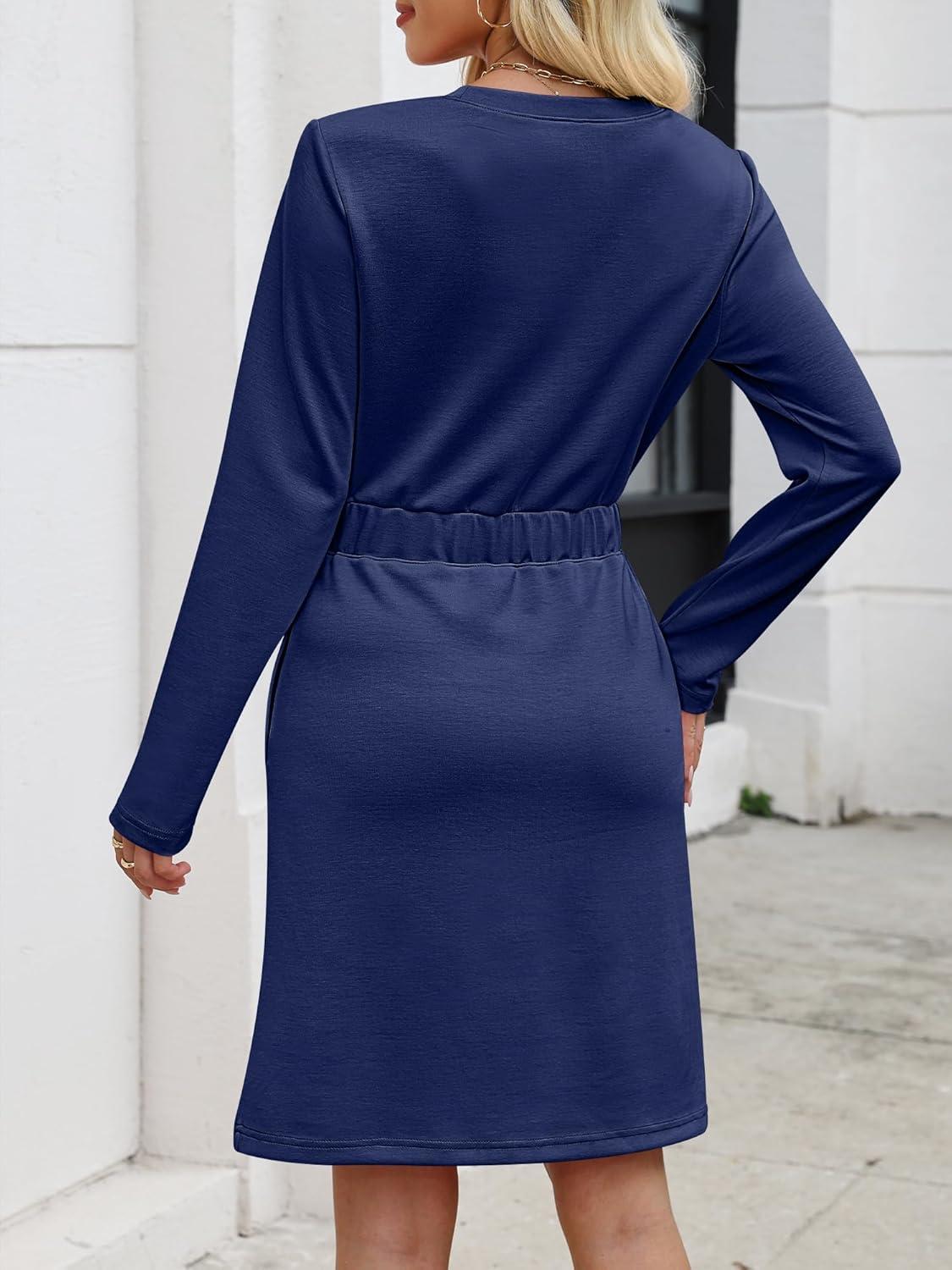 imageANRABESS Womens Long Sleeve Dress 2025 Fall Casual Elastic Waist Short Mini T Shirt Dresses with Pockets Travel OutfitsNavy Blue