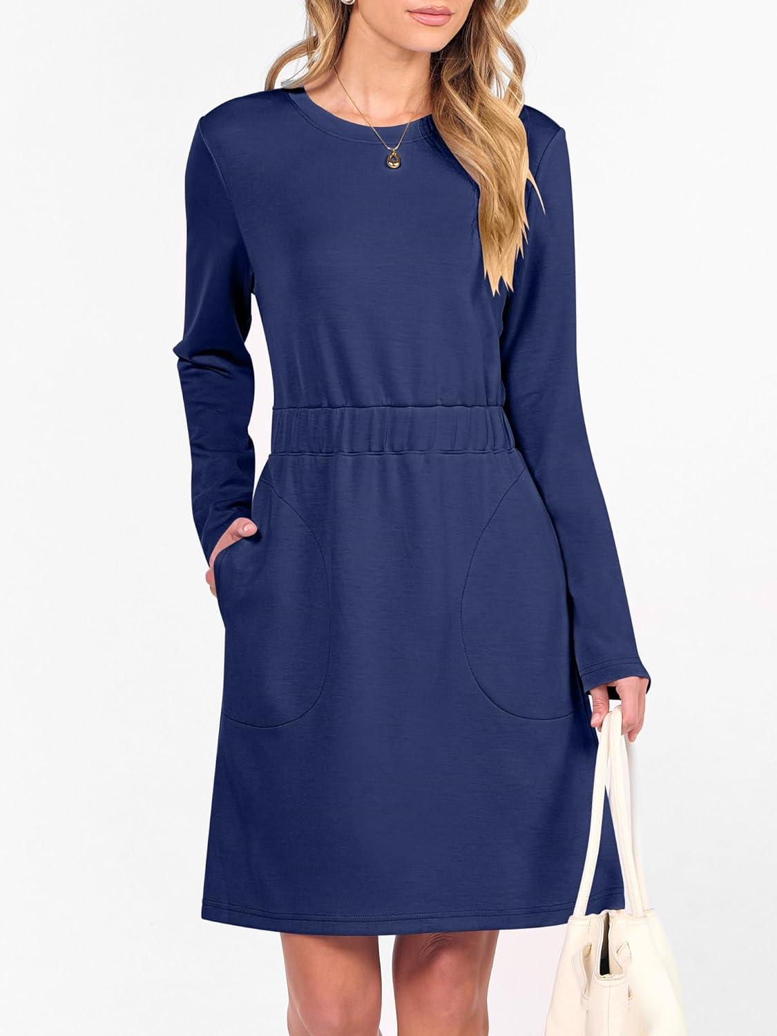 imageANRABESS Womens Long Sleeve Dress 2025 Fall Casual Elastic Waist Short Mini T Shirt Dresses with Pockets Travel OutfitsNavy Blue