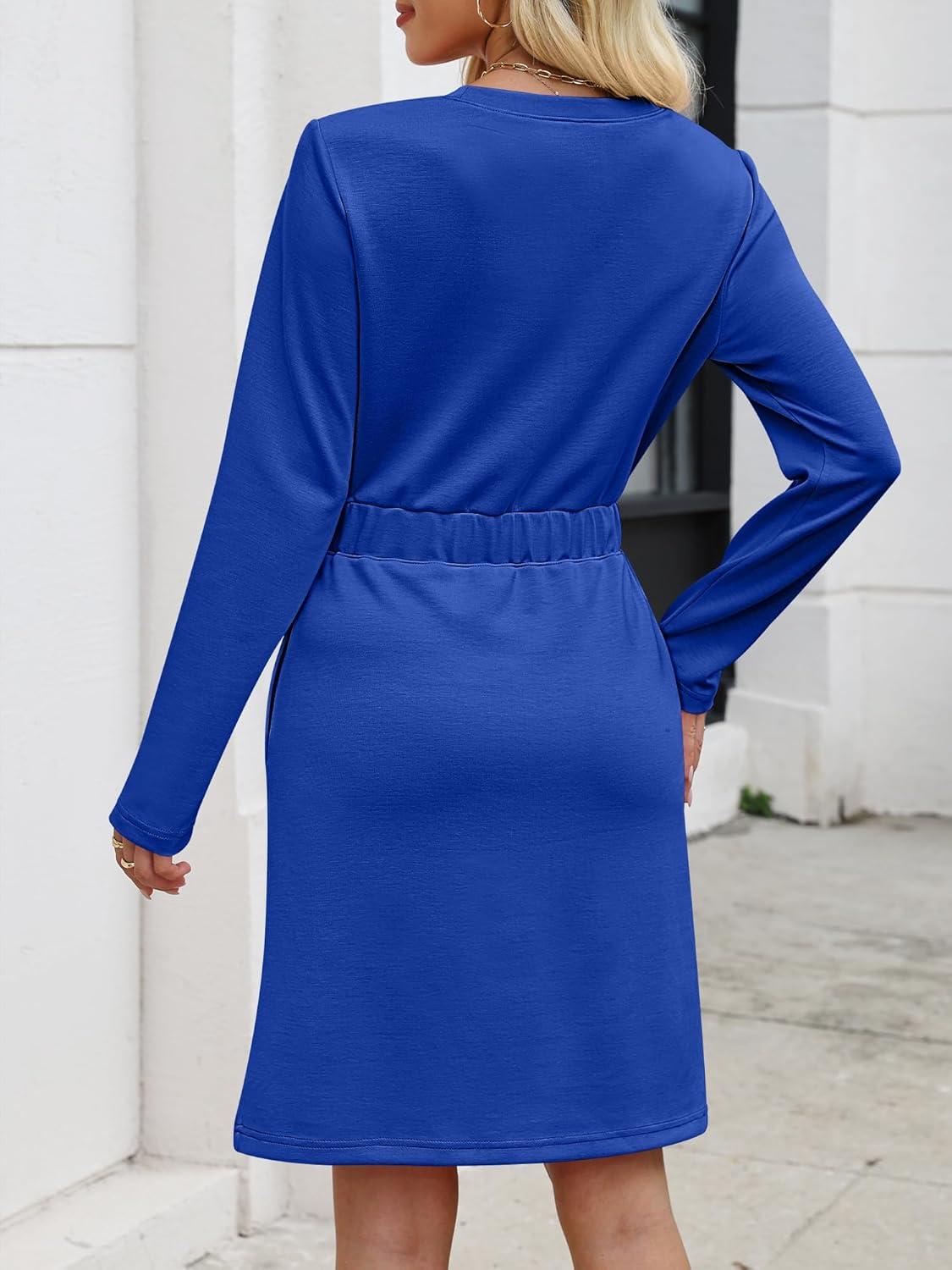 imageANRABESS Womens Long Sleeve Dress 2025 Fall Casual Elastic Waist Short Mini T Shirt Dresses with Pockets Travel OutfitsRoyal Blue